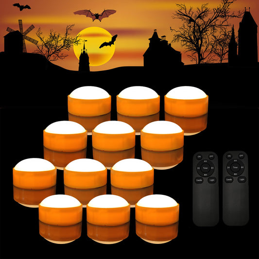 12 Pack Halloween Pumpkin Lights with Remote / Timer, Bright Flickering Battery Operated LED Light Flameless Candle Set for Pumpkin Décor Jack-O-Lantern Halloween Party Home Decorations, Orange Color