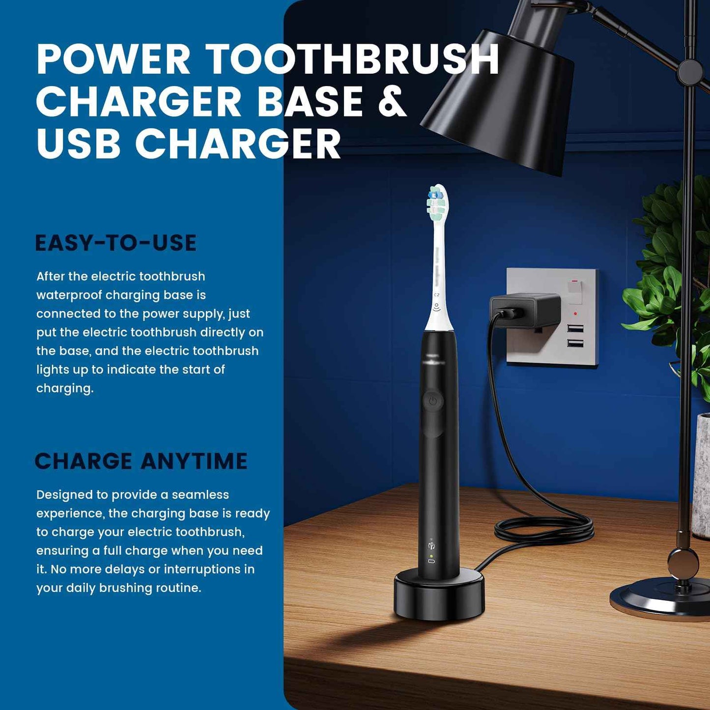 Replacement Charger Base Compatible with Philips Sonicare 5500 5300 4100 3100 2100 1100 Series Rechargeable Electric Toothbrush HX3681 Power Brush USB Waterproof Charging Base Power Cord - Black