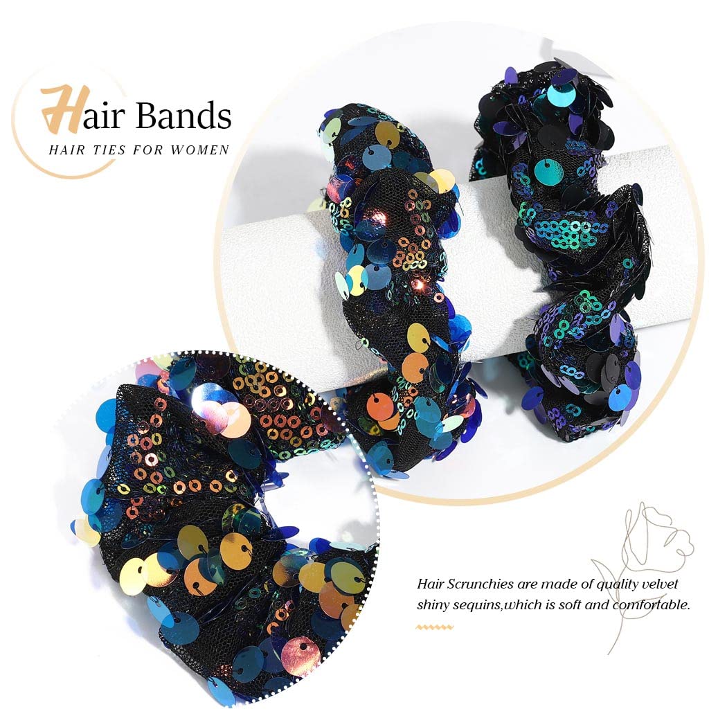 CAKURE Sequins Hair Scrunchies Shiny Hair Ties Ropes Blue Elastic Hair Bands Ponytail Holder Hair Accessories for Women and Girls Pack of 2 (Type D)