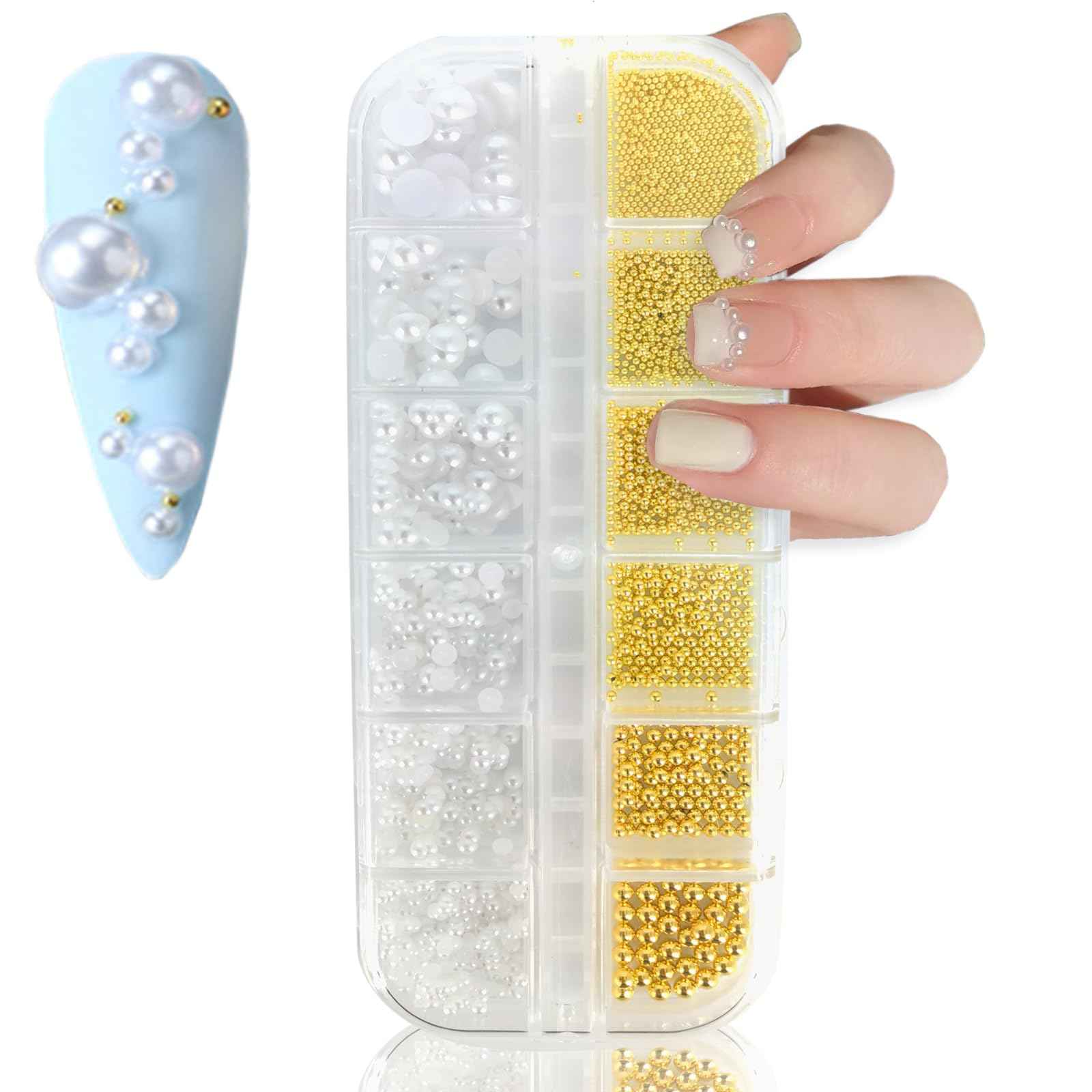 1 Box Gold Caviar Beads for Nails Charms Half Round Pearl Nail Charms Nail Jewels for Nail Art Kit,Small Stainless Steel Bead White Pearl Bead Flat Back Pearls for Crafting Charms for Nails Design