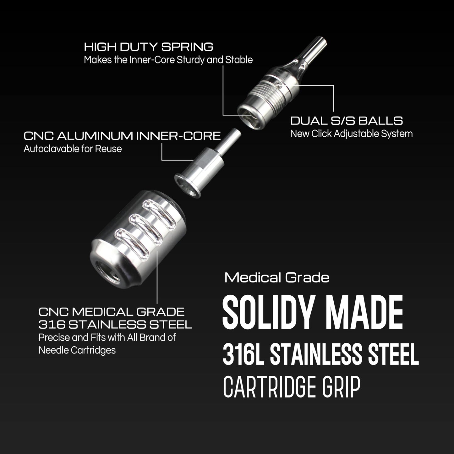 Denergy Tattoo Cartridge Grip 30mm/1.18inch - Heavy 316L Stainless Steel Grip for Rotary＆Coil Machine,Adjustable Click,Autoclavable Cartridge Needle Grip,Pro Tattoo Supplies Accessories (30mm)
