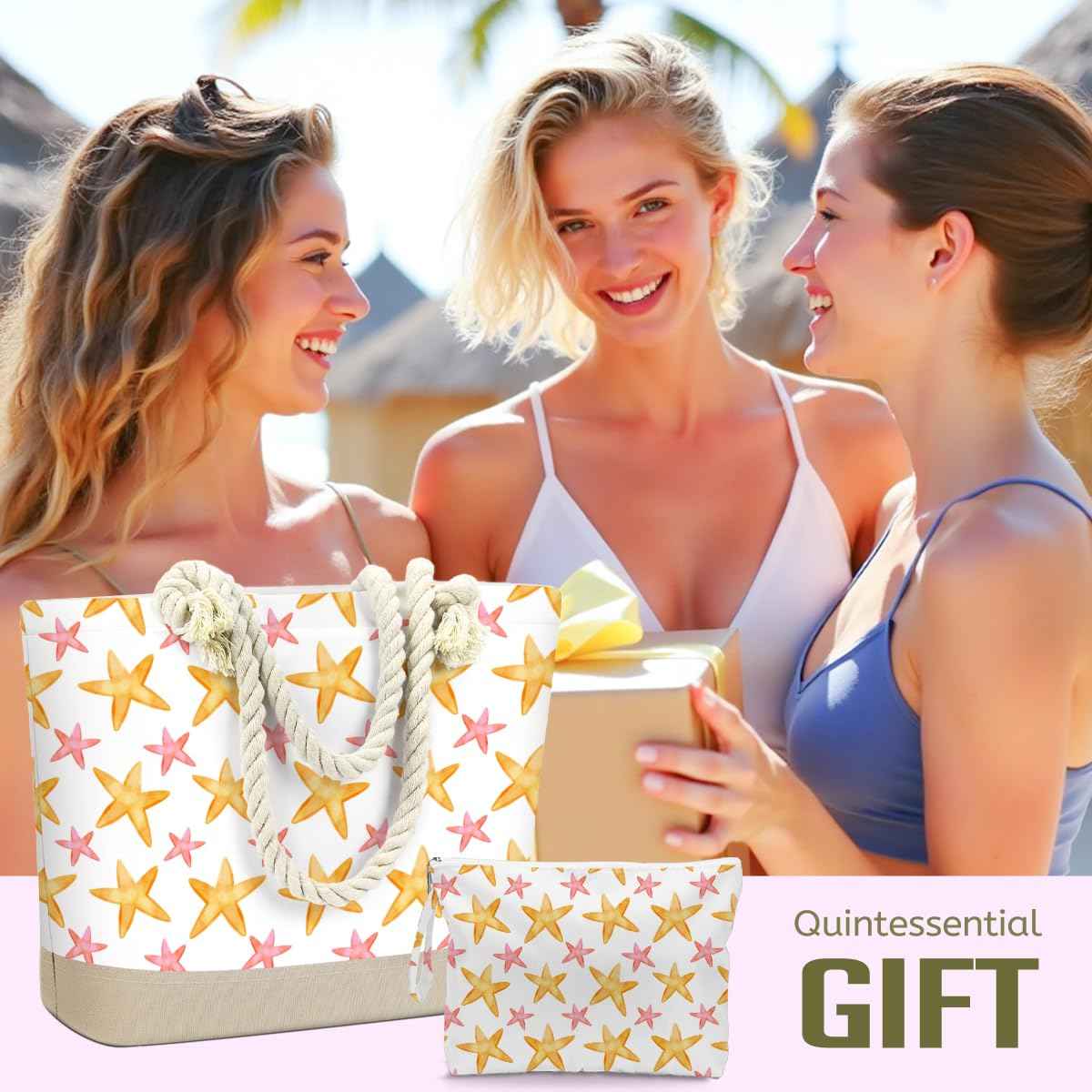 Beach Bags for Women, Wet Bag Cosmetic Bag, Pool Waterproof Shoulder Tote Bags, Pocket Zipper Summer Travel Essentials, Gifts for Women Birthday - Yellow and Pink Starfish (2-Piece Set)