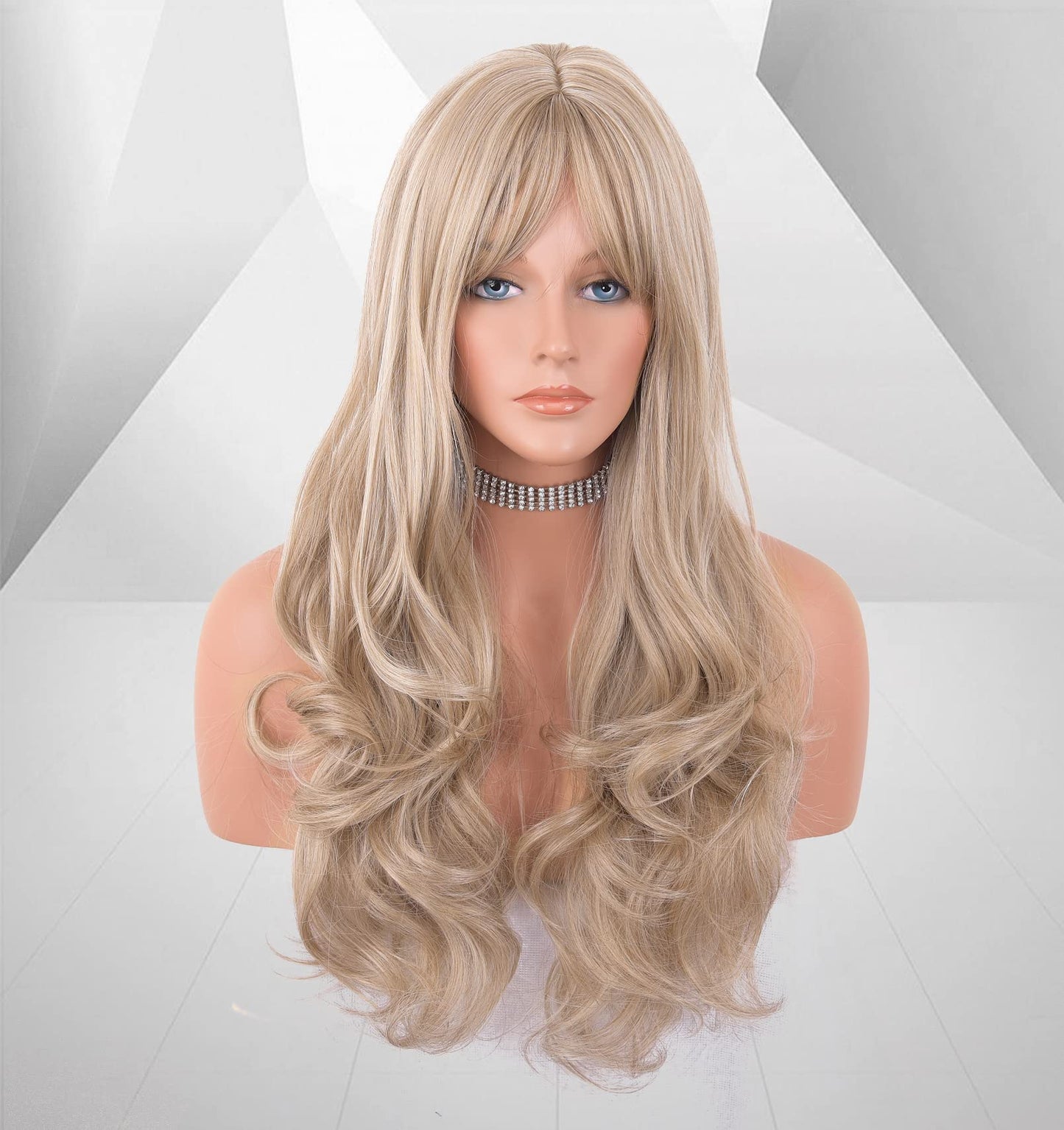 LANOVA Ash Blonde Wigs with Fringe Synthetic Hair Blonde Wigs for Women Natural Looking Wavy Wigs Shoulder Length Synthetic Wigs Mixed Brown Hair 20 inch LANOVA-129