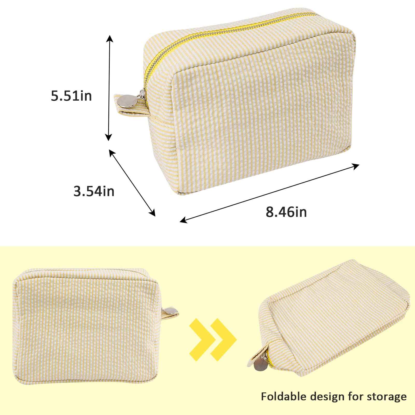 Seersucker Cosmetic Bag, Large Makeup Pouch Travel Toiletry Case with Zipper Closure Seersucker Cosmetic Organizer for Women Girls, Baby Diaper Bag Organizer