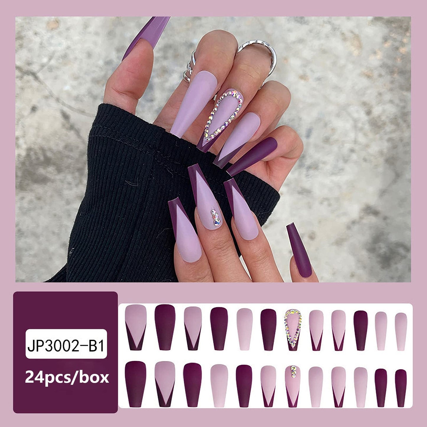 Long Press on Nails Square French Fake Nails Full Cover Purple Acrylic False Nails With Rhinestone Designs for Women and Girls, 24PCS