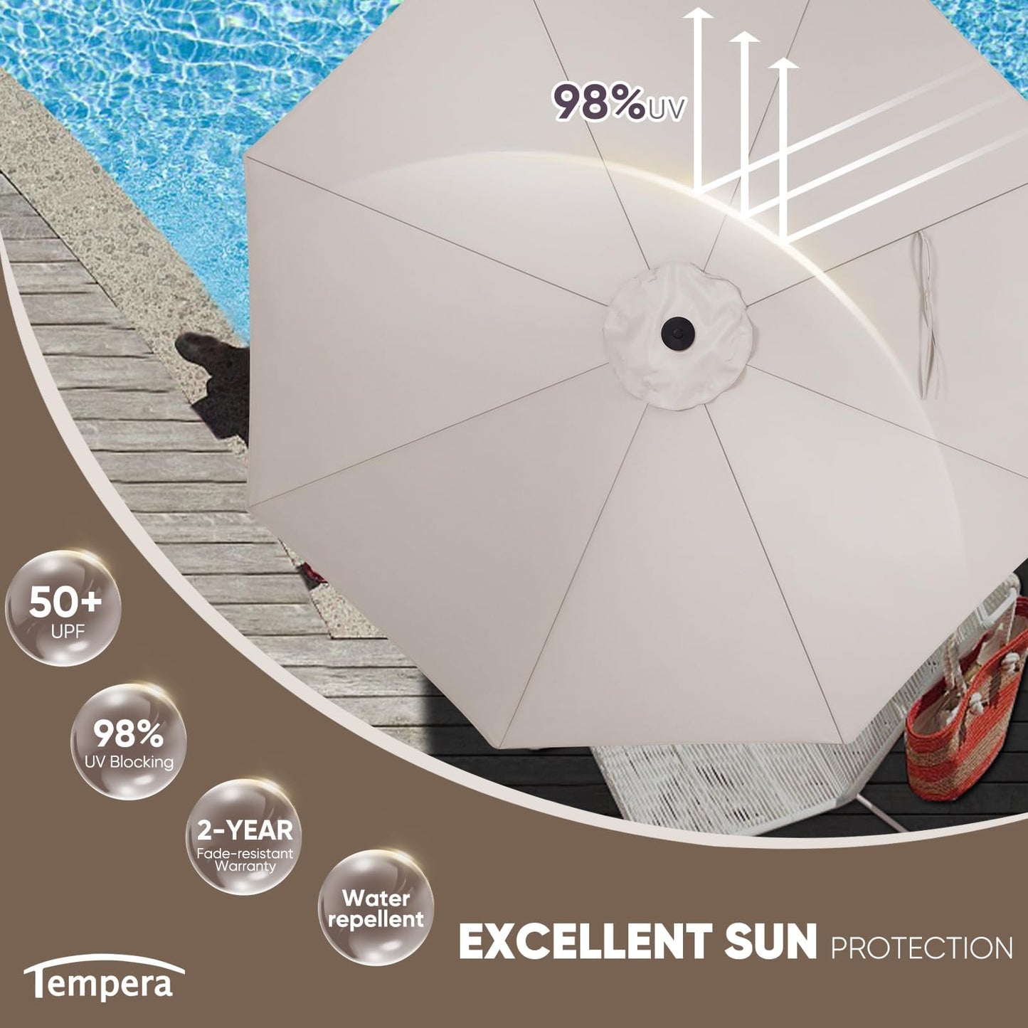 Tempera 7.5ft Patio Market Outdoor Table Umbrella with Push Button Tilt and Crank,Large Sun Umbrella with Sturdy Pole&Fade resistant canopy,Easy to set,Beige