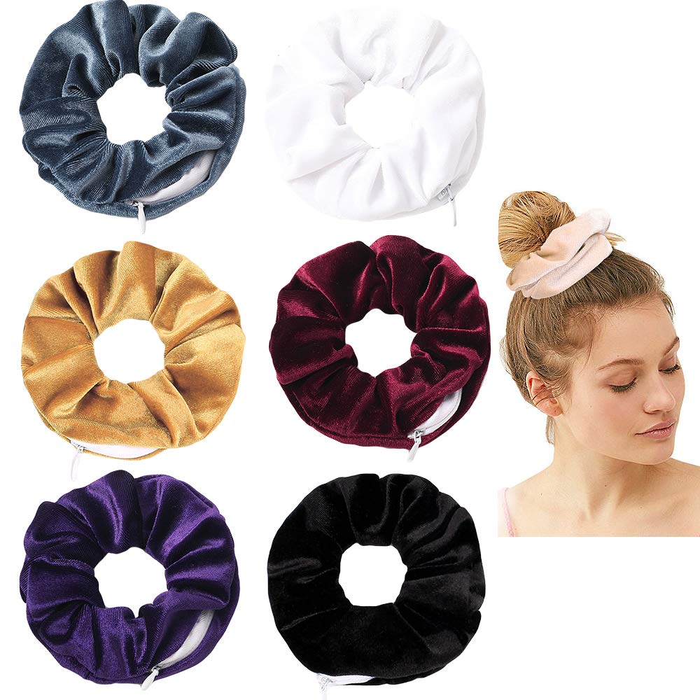 Women's Velvet Scrunchies with Hidden Zipper Pocket - Soft Hair Ties and Elastic Bands for VSCO Girl Essentials (6 Pieces)