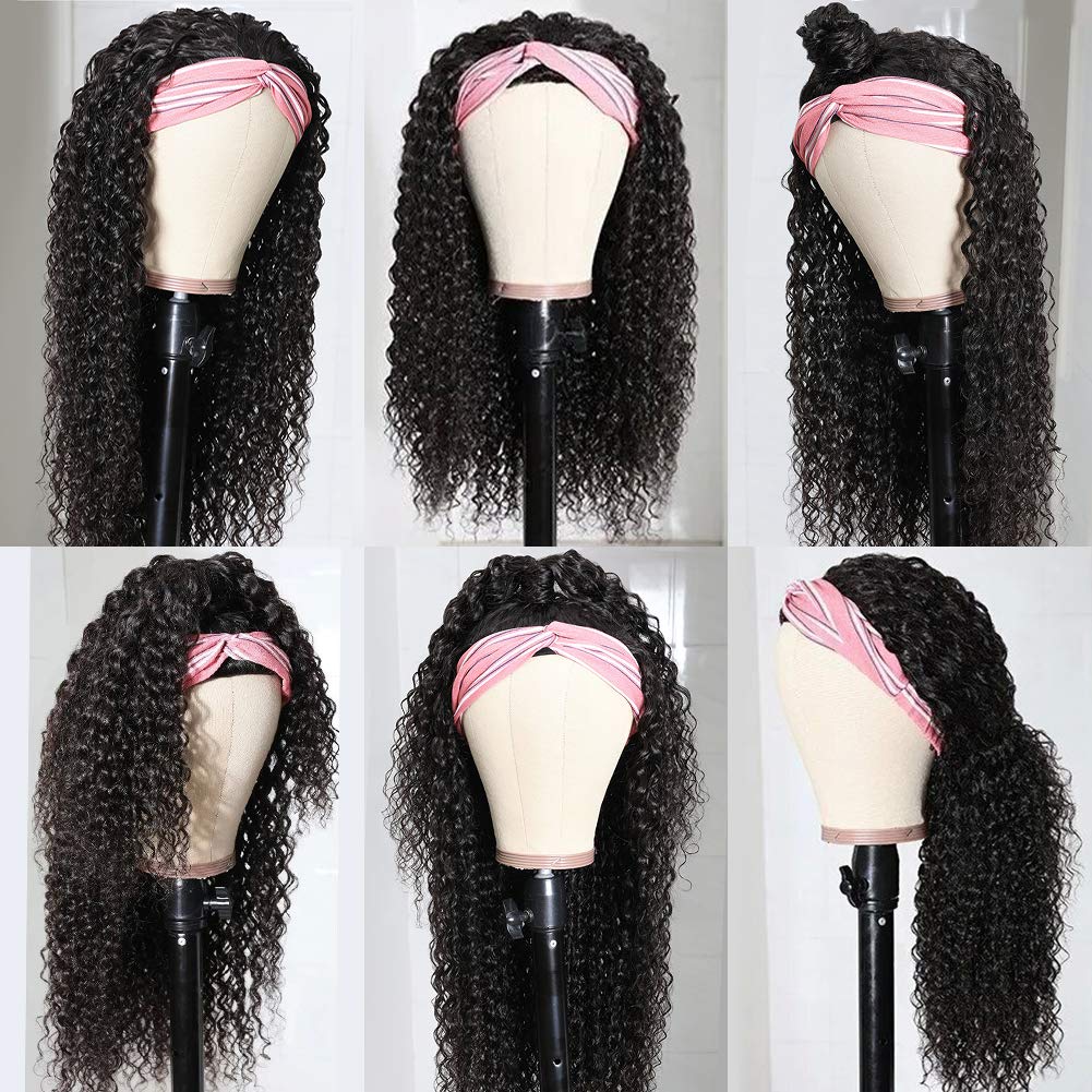 Eooma Headband Curly Human Hair Wigs for Black Women 10A 180% Density Brazilian Kinky Curly Wigs Scarf Gluelees Remy Hair