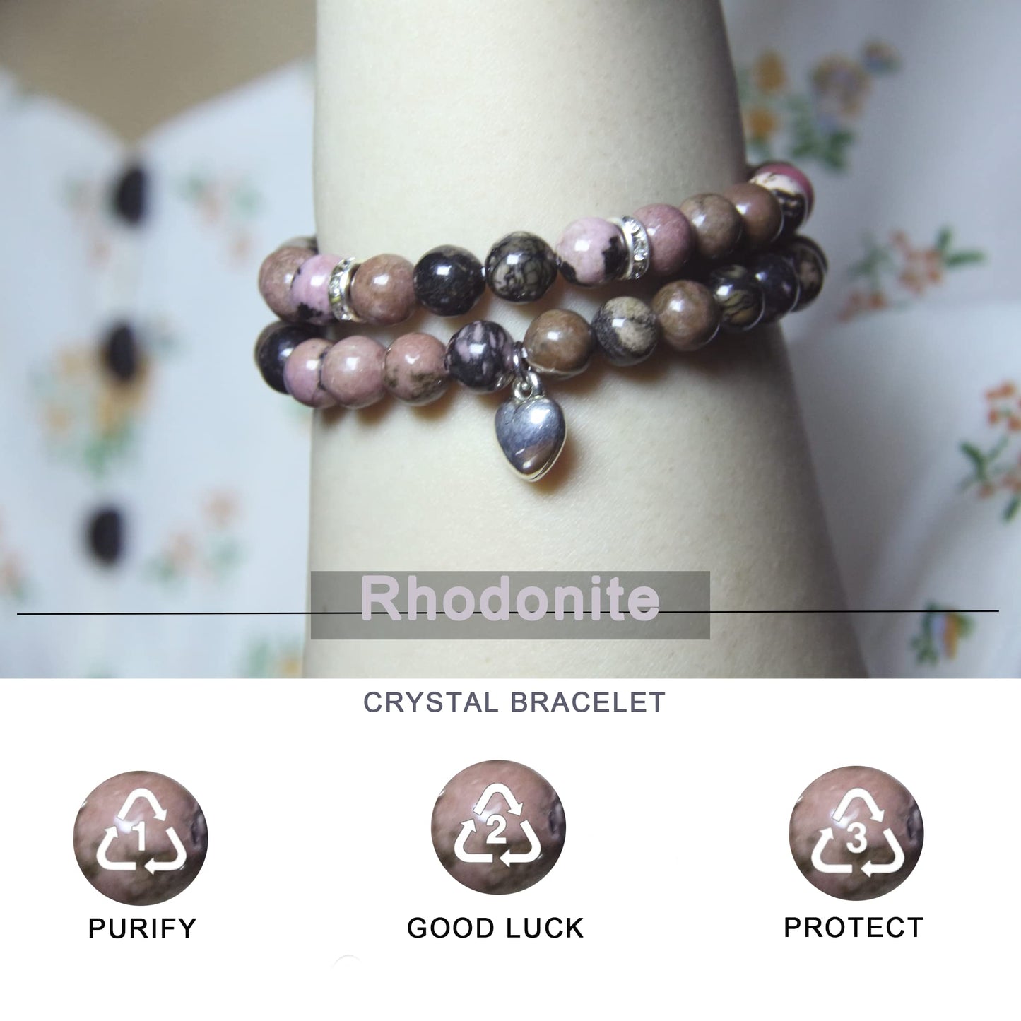 Healing Bracelets for Women - Rhodonite Bracelet - Healing Prayers Crystal Bracelet, 8mm Natural Stone Anti Anxiety Stress Relief Yoga Beads Get Well Soon Gifts