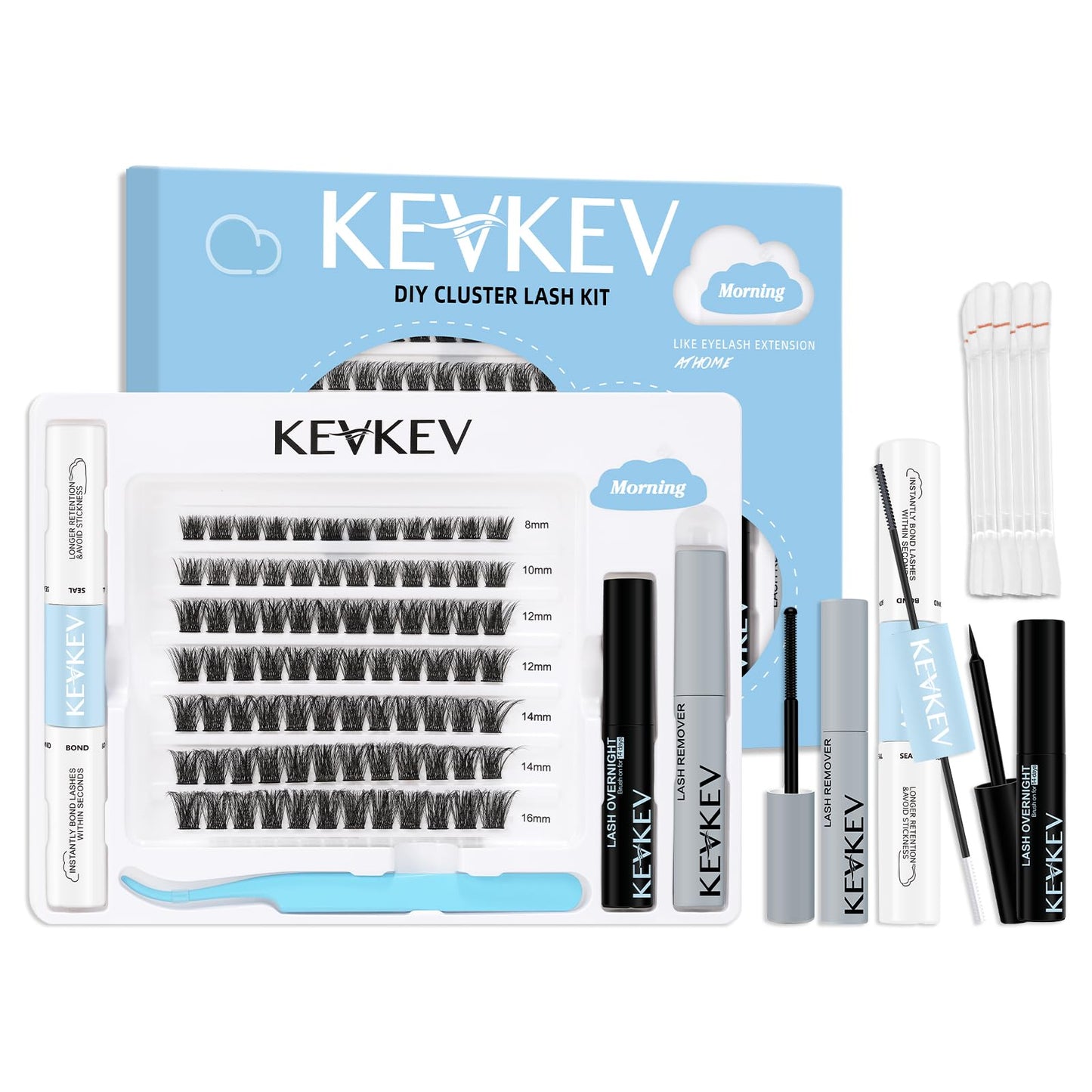 KevKev DIY Lash Extension Kit Lash Clusters Kit 84 Pcs Cluster Lashes with Lash Bond and Seal Lash Glue Remover Overnighter Seal and Applicator for DIY Eyelash Extension(Morning Kit,D-8-16mix)