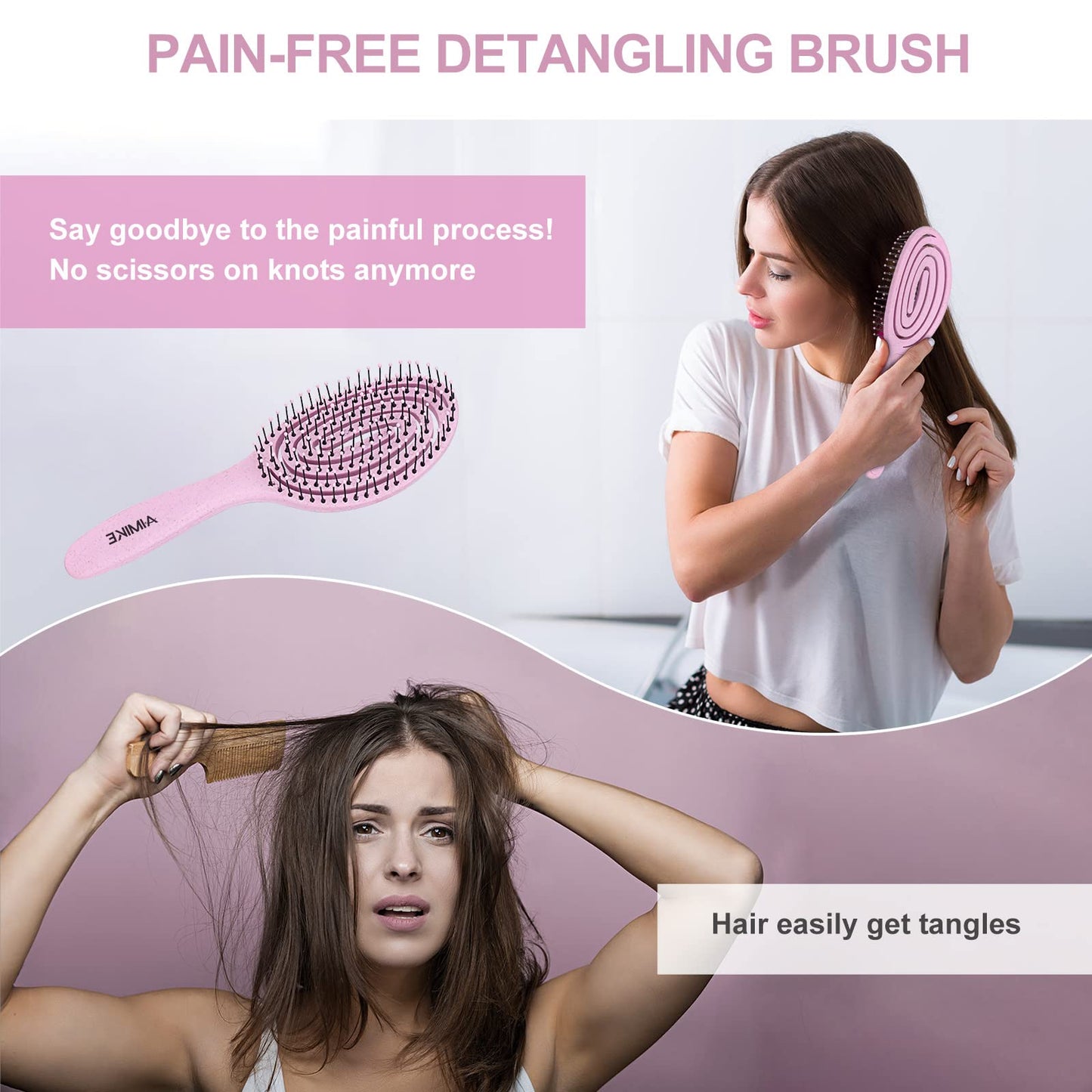 AIMIKE Hair Brush, Vented Detangler Brush for Curly, Thick & Knotted Hair, No Pull Detangling Brush w/Flex Soft Bristles, Glide Through Tangles for Women, Kids, Men, Wet & Dry Hair- Pink