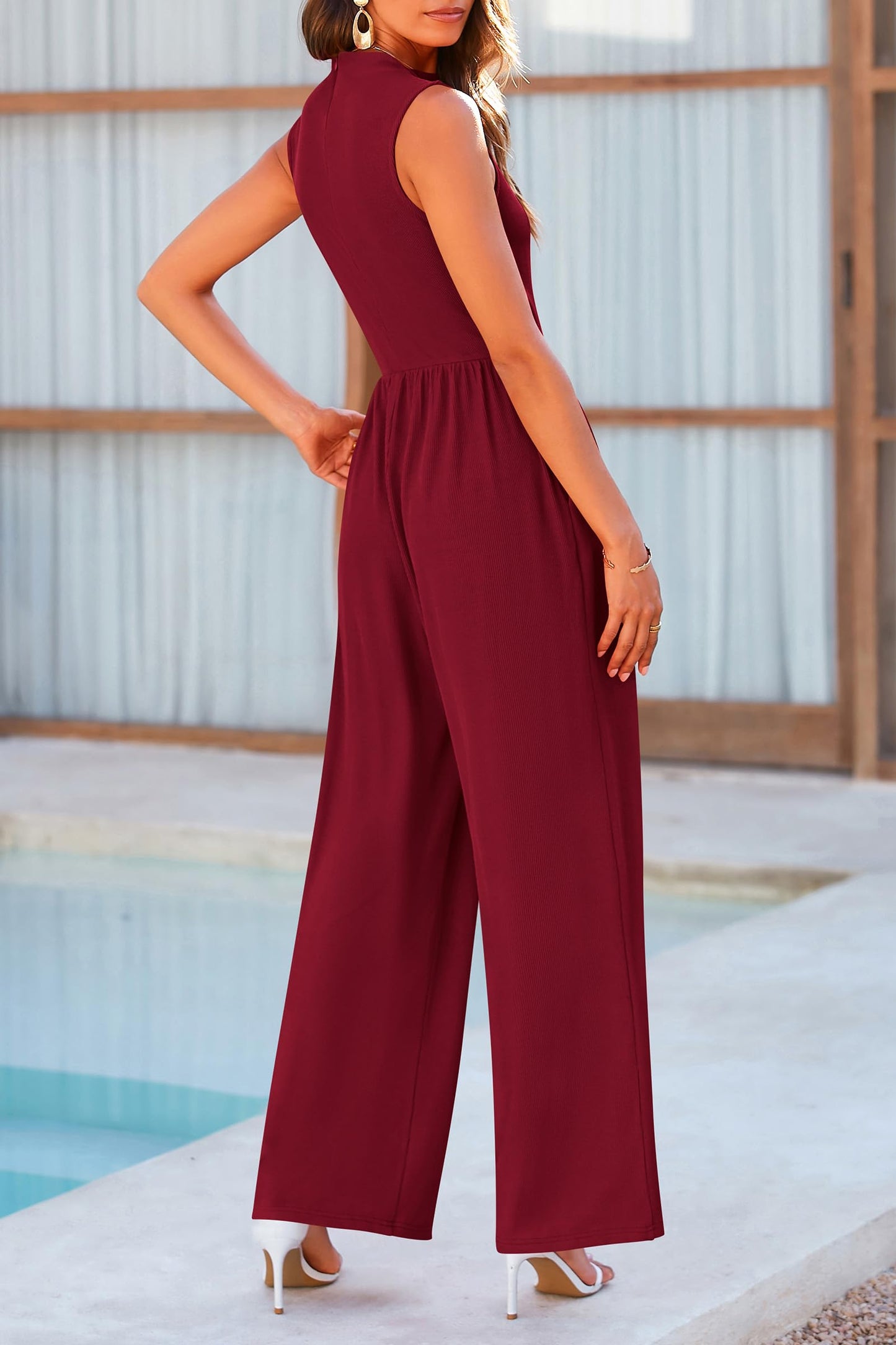 PRETTYGARDEN Womens Summer Jumpsuits Dressy Casual One Piece Outfits Sleeveless Mock Neck Wide Leg Pants Rompers with Pockets (Wine Red,Small)