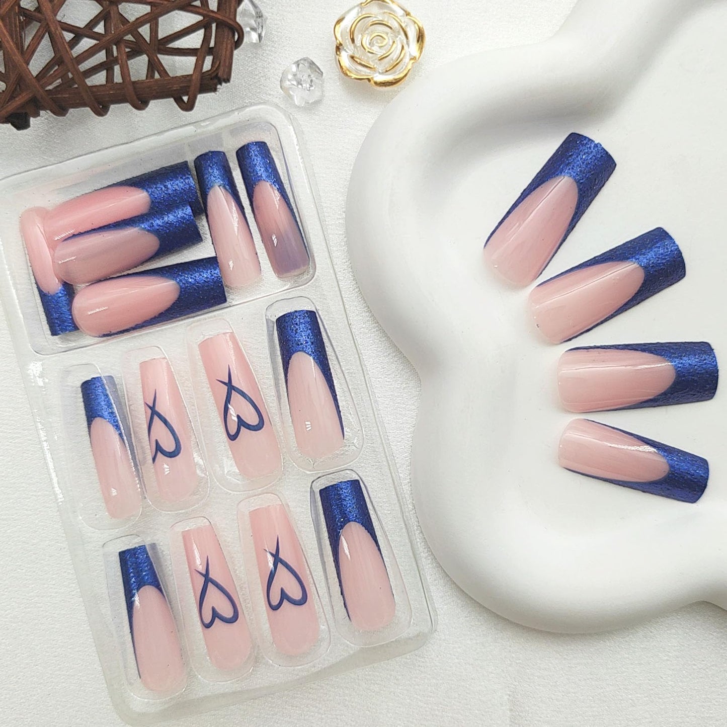 Blue French Tip Press on Nails Long Square Fake Nails Heart Acrylic Nails Nude Translucent Nails Press ons Bling Glitter Glue on Nails Glossy Stick on Nails for Women 24 Pcs