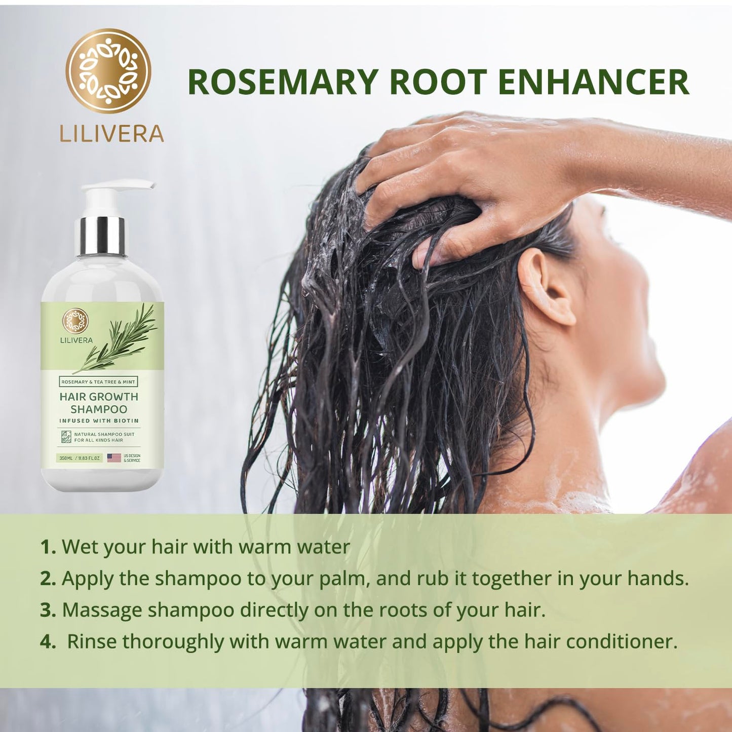 Lilivera Rosemary Hair Growth Shampoo: Shampoo for Hair Loss - Shampoo for Thinning Hair for Men and Women - Rosemary Mint Strengthening Shampoo with Tea Tree Oil Bition - 11.8 fl. oz