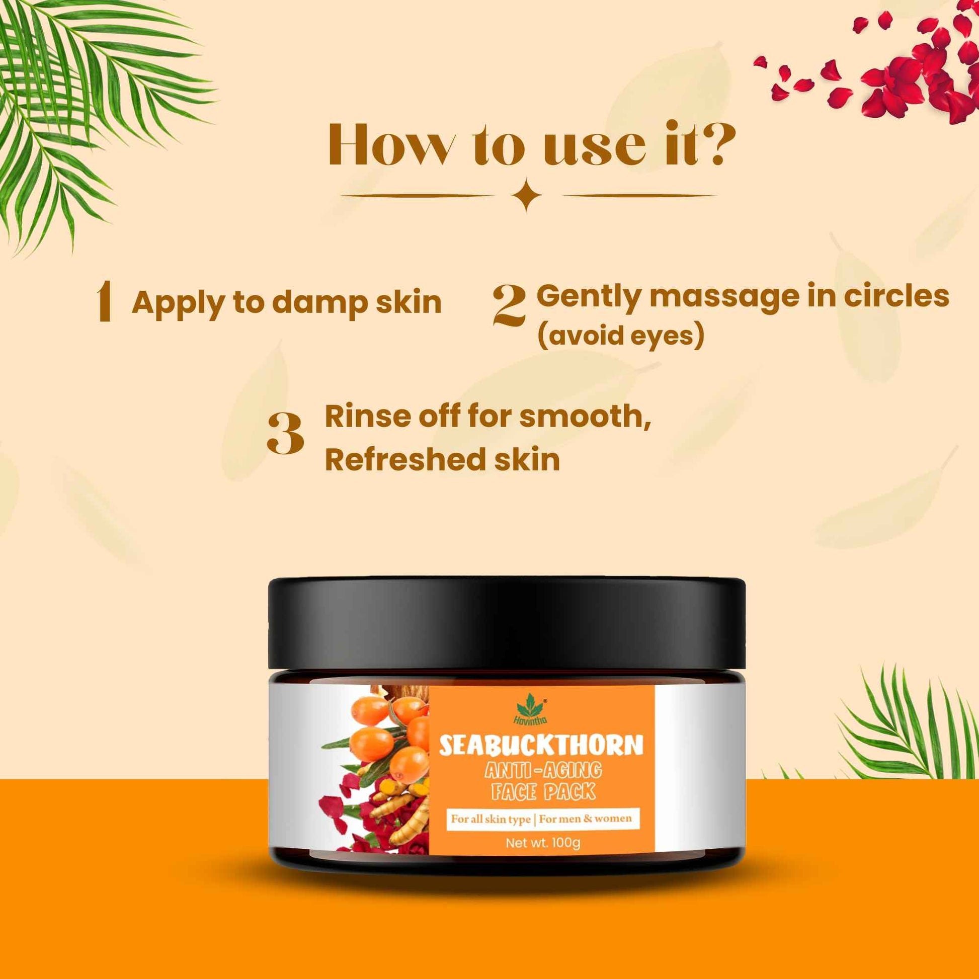 Havintha Sea Buckthorn Anti-Aging Face Pack | Natural Herbal Face Mask | Brightening Face Pack for Wrinkles, Fine Lines & Dark Spots - 100g
