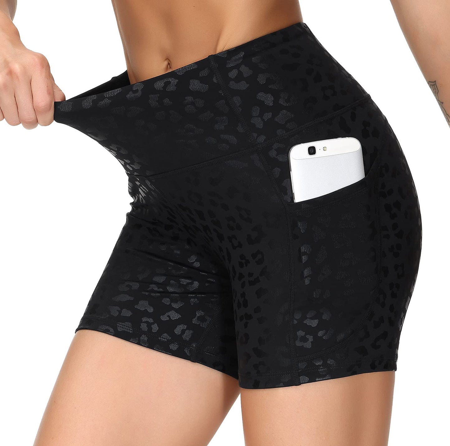 THE GYM PEOPLE High Waist Yoga Shorts for Women Tummy Control Fitness Athletic Workout Running Shorts with Deep Pockets (Small, Black spot Leopard)