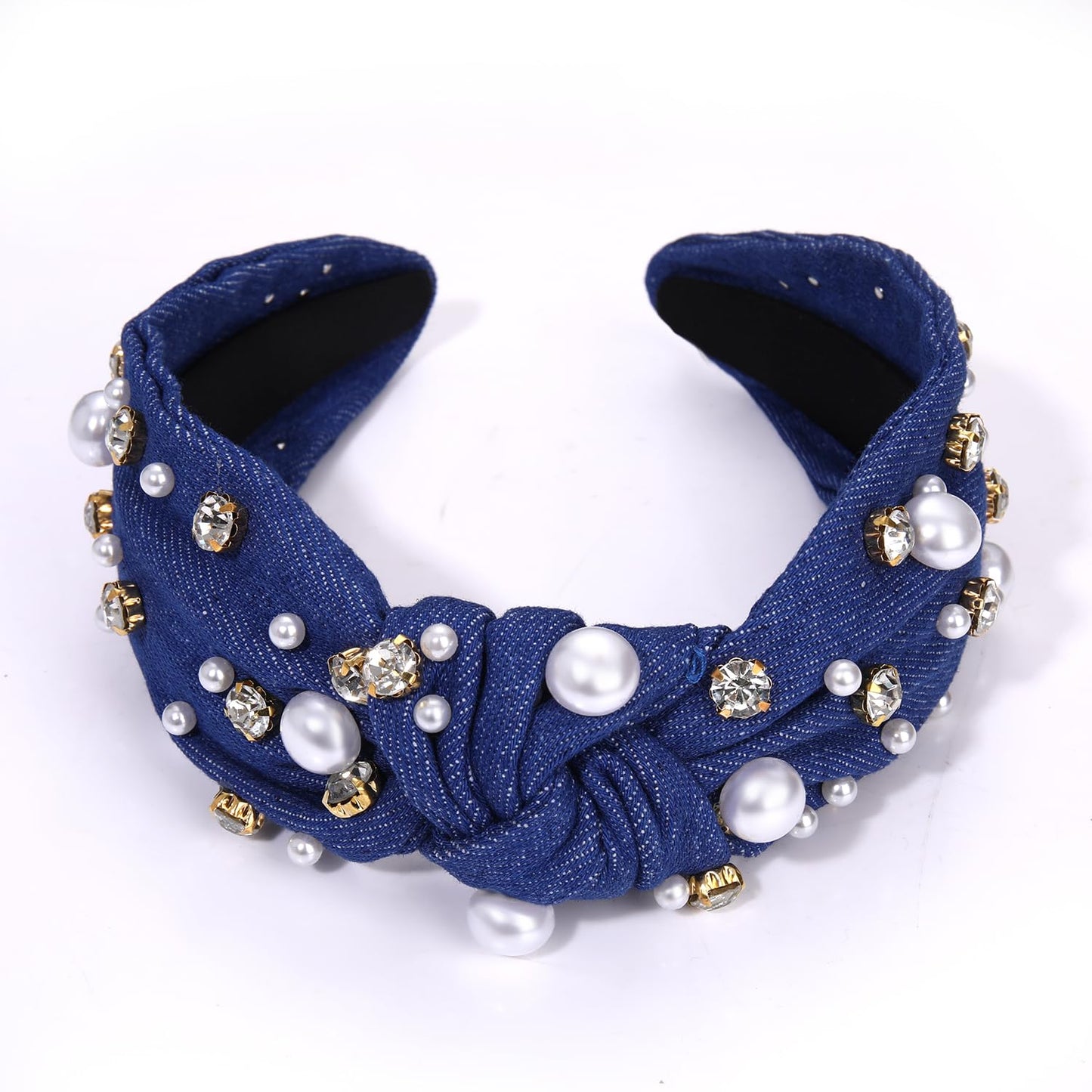 GLBCC Pearl Knotted Headband for Women White Pearl Rhinestone Jeweled Hairband Fashion Ladies Wide Bride Boho Party Hair Accessories (denim dark blue knot hairband)