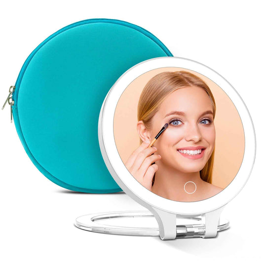 Rechargeable Lighted Makeup Mirror with Magnification 10X/1X, Double Sided Travel Makeup Mirror with 3 Color Lights, Portable Foldable Cosmetic Mirror, Dimmable Travel Essential (With Cyan Bag)