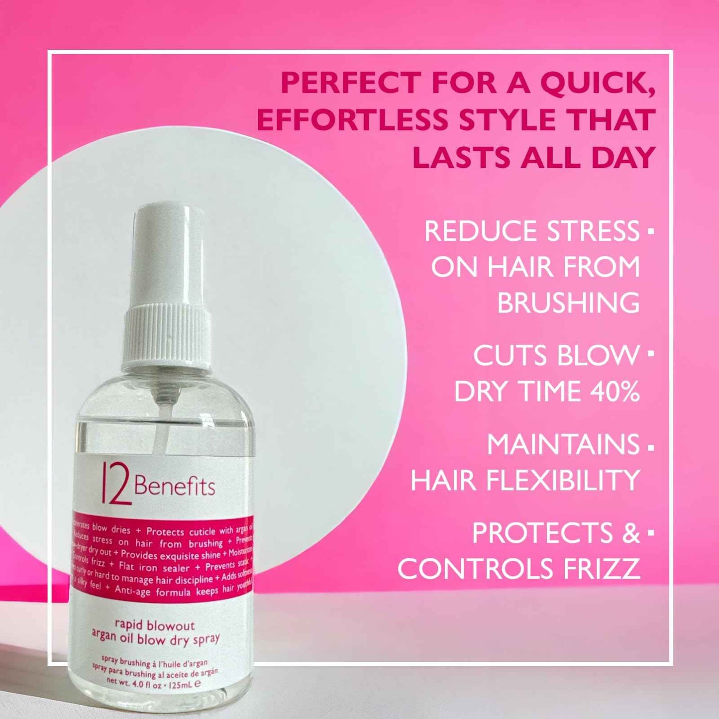 12 Benefits RAPID BLOWOUT ARGAN OIL SPRAY - Cut Blow Dry Time by 40% - Heat Protectant, Nourishes, Smooths Frizz, Adds Shine & Softens Damaged Hair, 4 Fl Oz