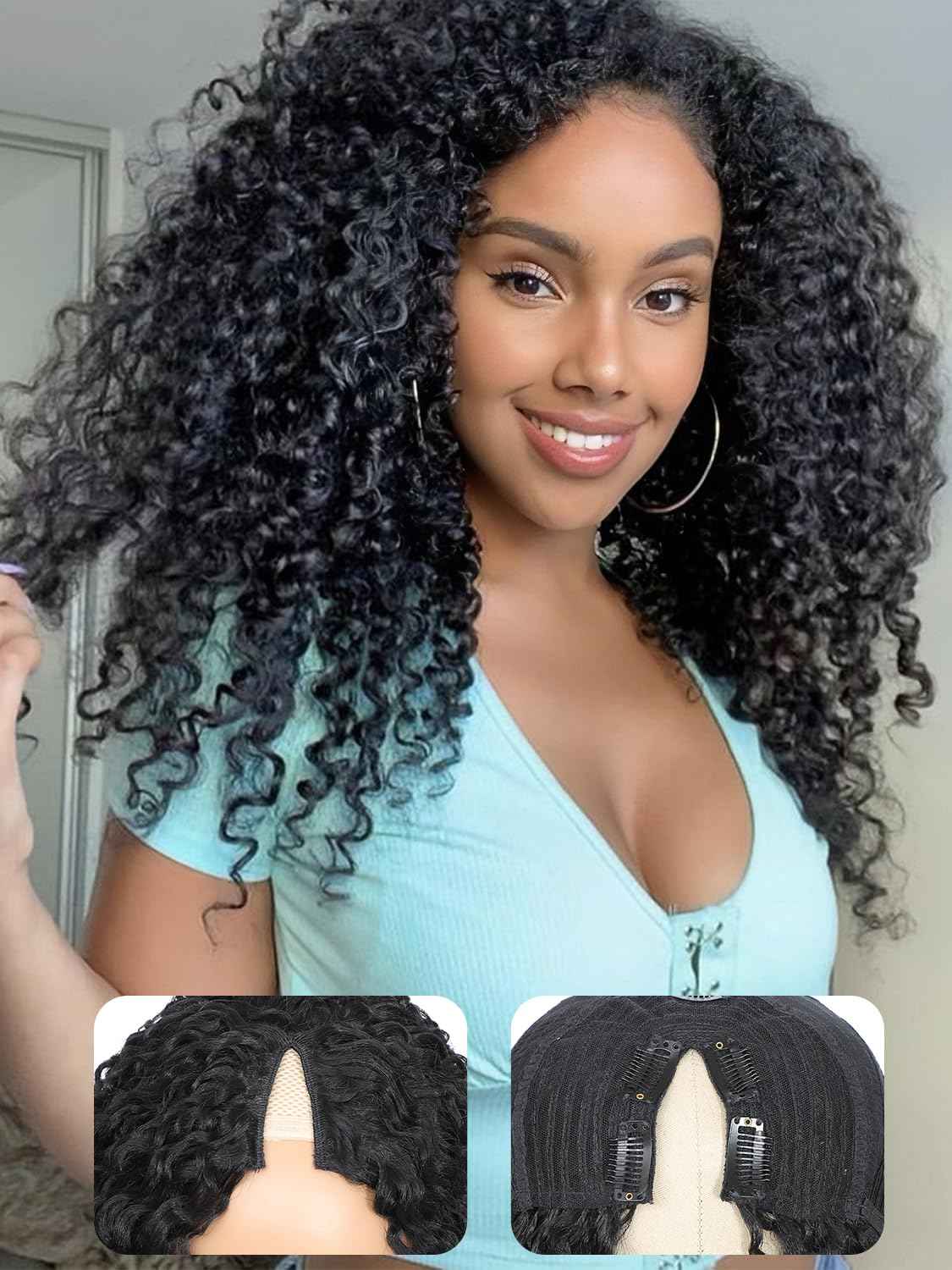 HUA 14 Inch Curly V Part Wig Human Hair Mixed Synthetic Upgrade U Part Human Hair Wig for Black Women Daily Use Glueless V Shape Wigs Afro Curly Wigs 180% Density Natural Black Color