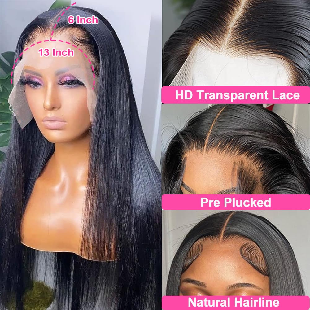 CUTE BEIN 210% Density 13x6 30 Inch HD Lace Front Wigs Human Hair Pre Plucked Glueless Straight Human Hair Wigs for Black Women Brazilian Lace Frontal Wigs with Baby Hair Free Part