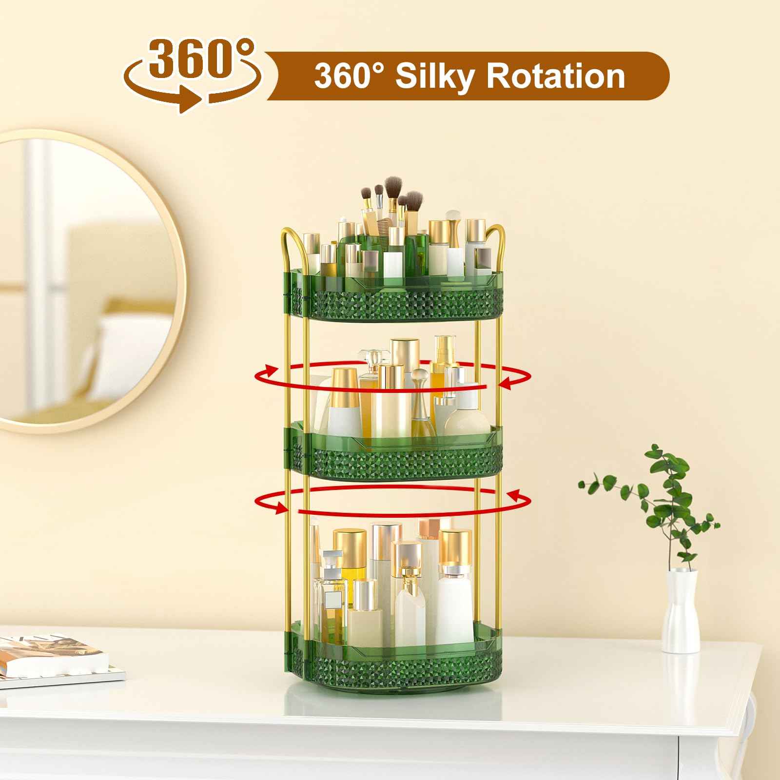 BOCONY Rotating Makeup Organizer for Vanity 3 Tier, Perfume Organizer with Makeup Brush Holder, Large Capacity Cosmetics Clear Skincare Organizer for Countertop (Green)