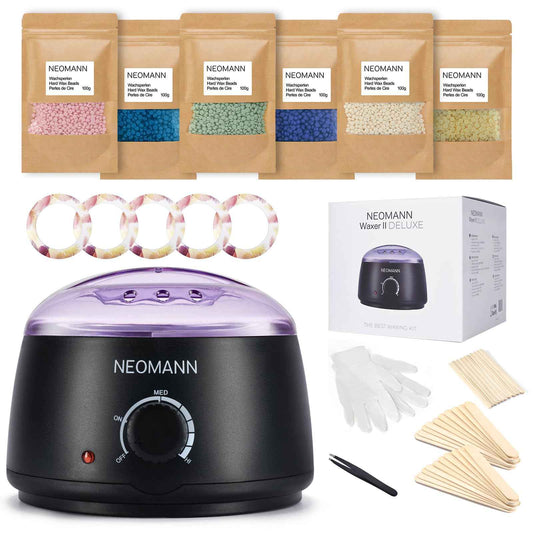 NEOMANN Waxer II Deluxe Waxing Kit for Women and Men Non-Sticky, Teflon-Coated - Wax Warmer for Hair Removal incl. 600g Wax Beads, 30 Spatulas