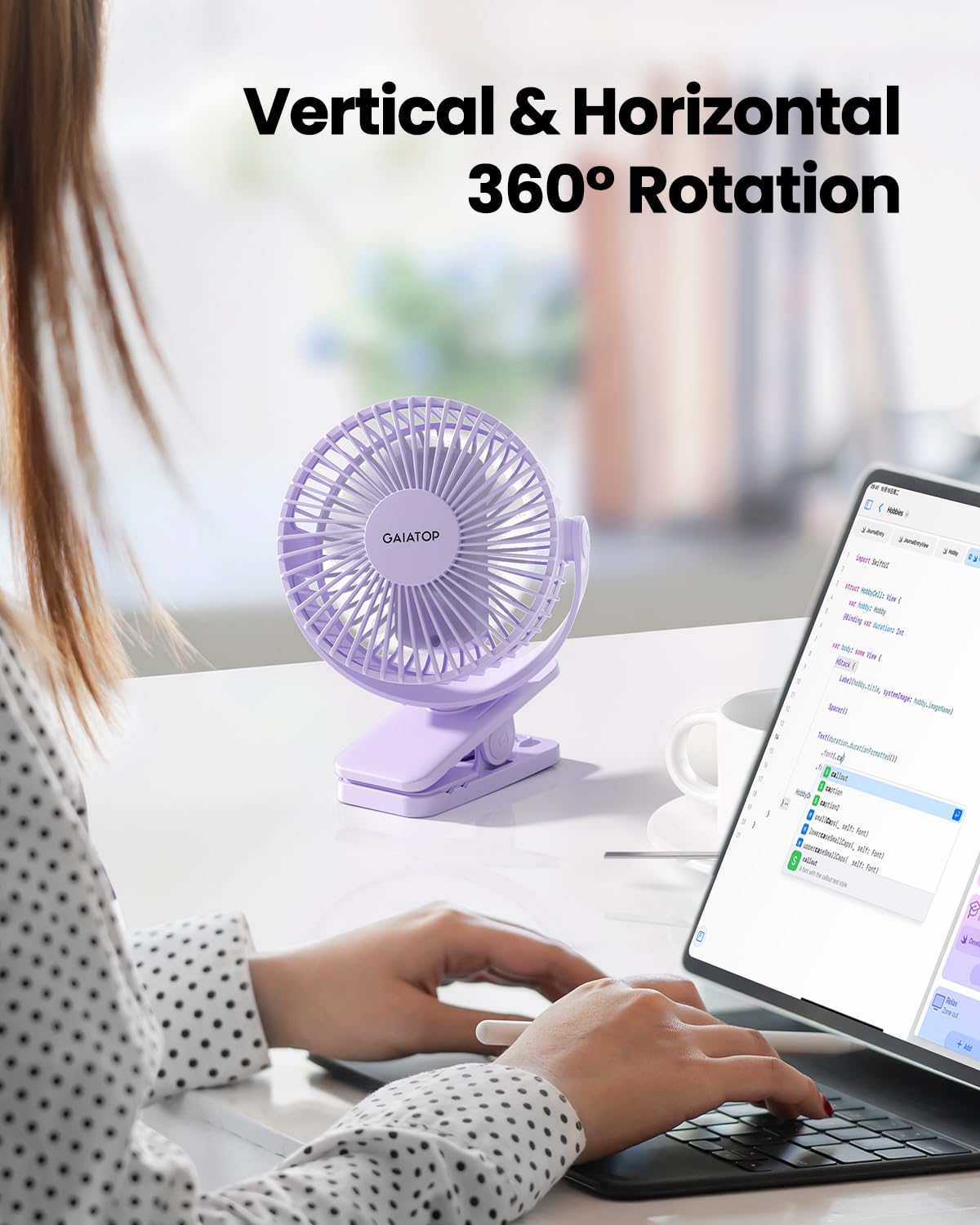 Gaiatop Portable Clip on Fan Battery Operated, Small Powerful USB Desk Fan, 3 Speed Quiet Rechargeable Mini Table Fan, 360° Rotate Personal Cooling Fan for Home Office Stroller Camping Purple