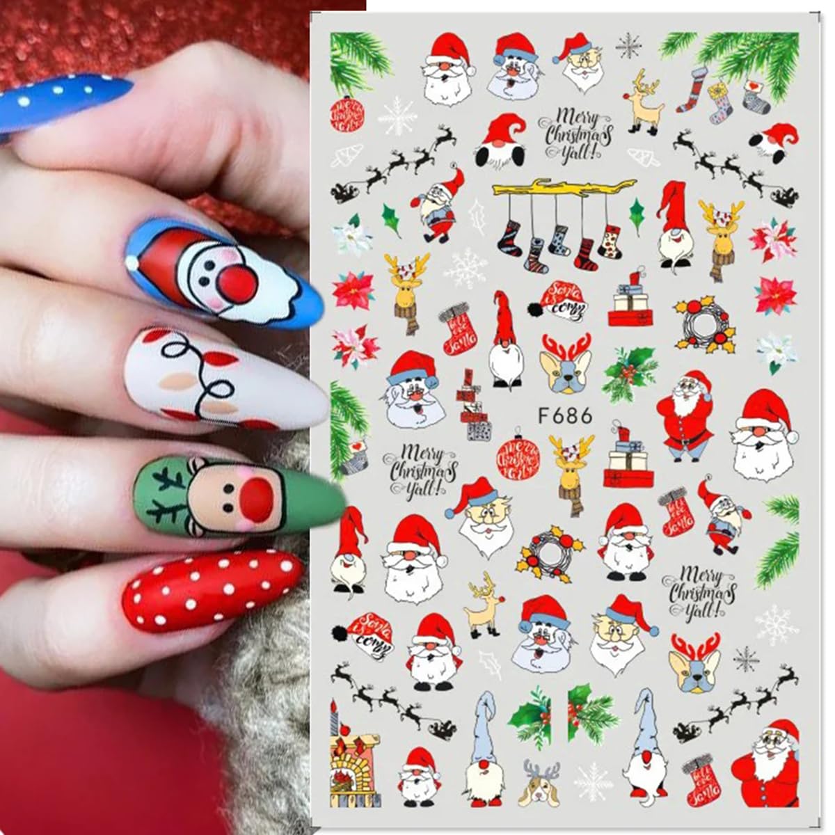 10 Sheets Christmas Nail Art Stickers Decals 3D Santa Claus Elk Nail Stickers Cute Cartoon Designs Stickers Winter Holiday Nail Decals for Women Girls Acrylic Nail Supplies Xmas Manicure Decoration