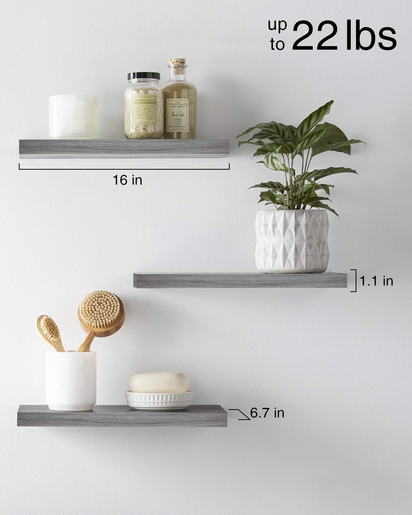 BAYKA Floating Shelves, Wall Mounted Rustic Wood Shelves for Bathroom, Bedroom, Living Room, Kitchen,Small Hanging Shelf for Books/Storage/Room Decor with 22lbs Capacity (Grey, Set of 3, 16in)