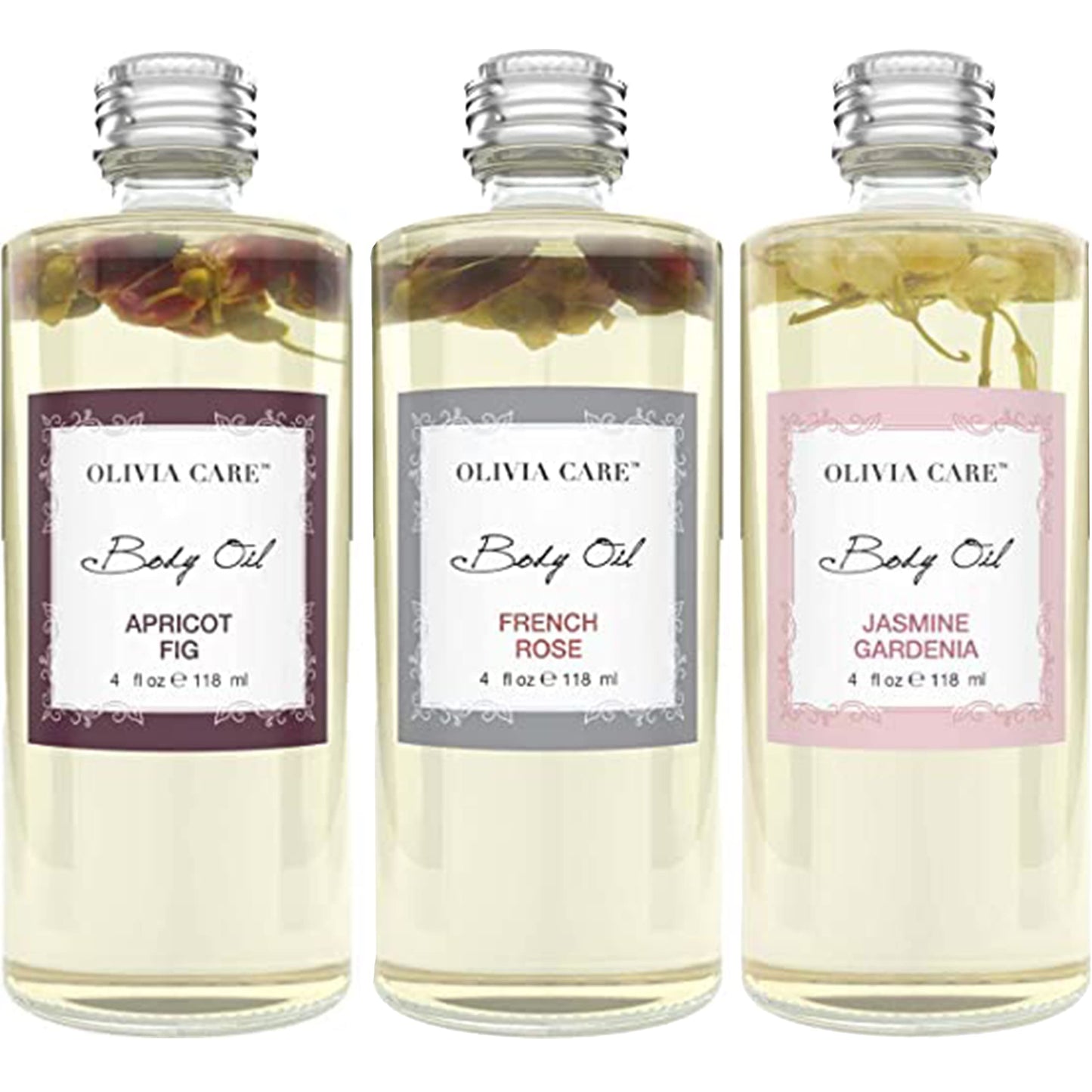 Olivia Care 3 Pack Body Oils: Apricot Fig, French Rose, Jasmine Gardenia - Natural Perfume Oils For Women & After Bath Oils Body Moisturizers, Rich in Vitamin E, K, & Omega (3 Scents)