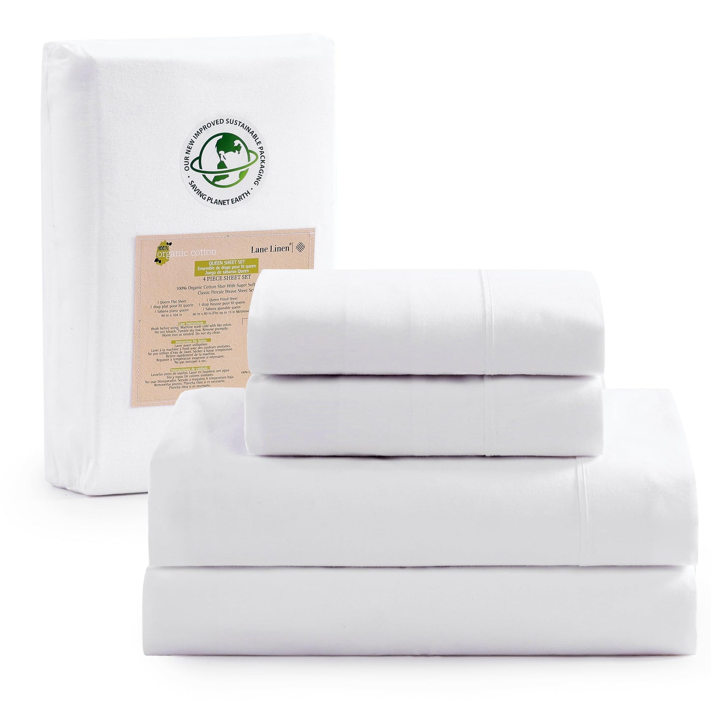 LANE LINEN 100% Organic Cotton White Twin XL Sheets Set 3-Piece Pure Percale Soft Bedding Breathable Fits Mattress Upto 15" Deep