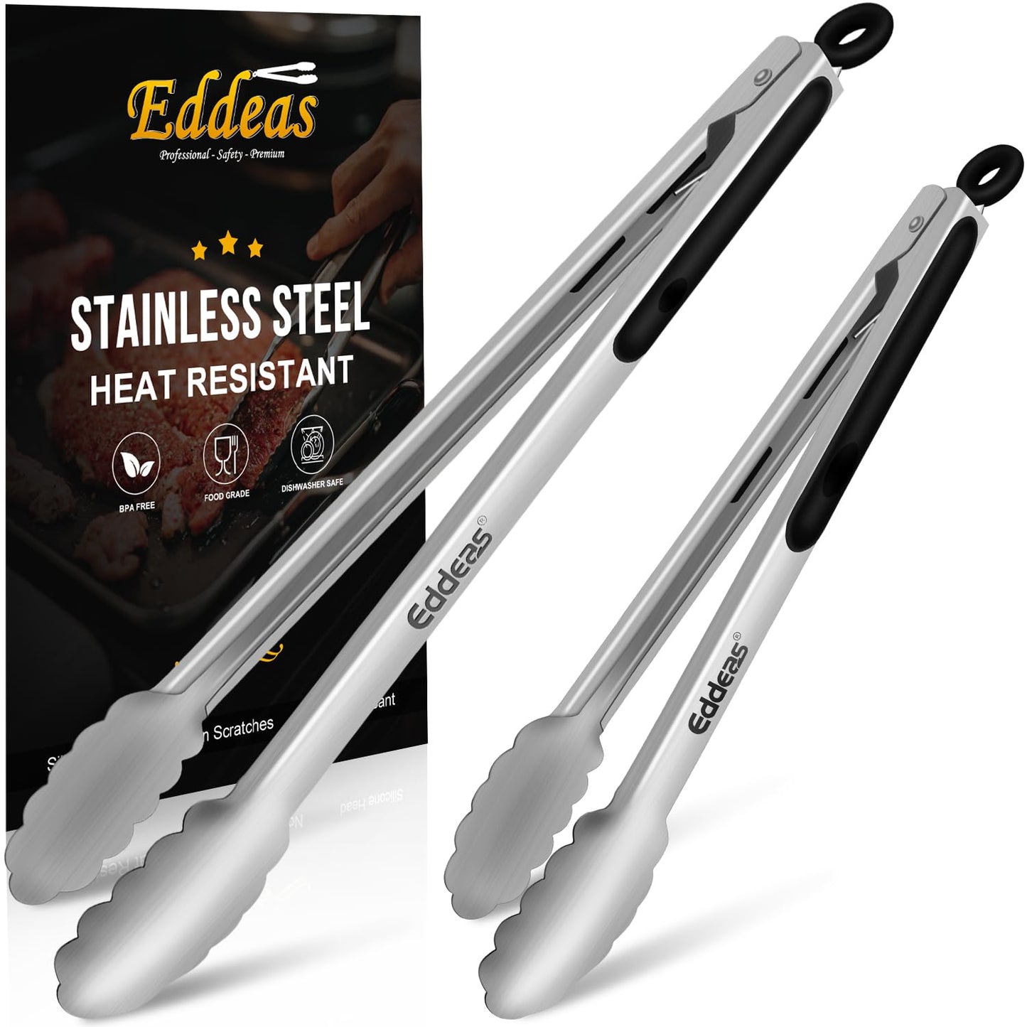 Eddeas Grill Tongs, Bbq tongs - 12" and 17 Inch Extra Long Kitchen Tongs, Heat Resistant 600 Degrees Stainless Steel tongs, Metal Locking Tongs for Cooking, Grilling, Outdoor Barbecue, Set of 2