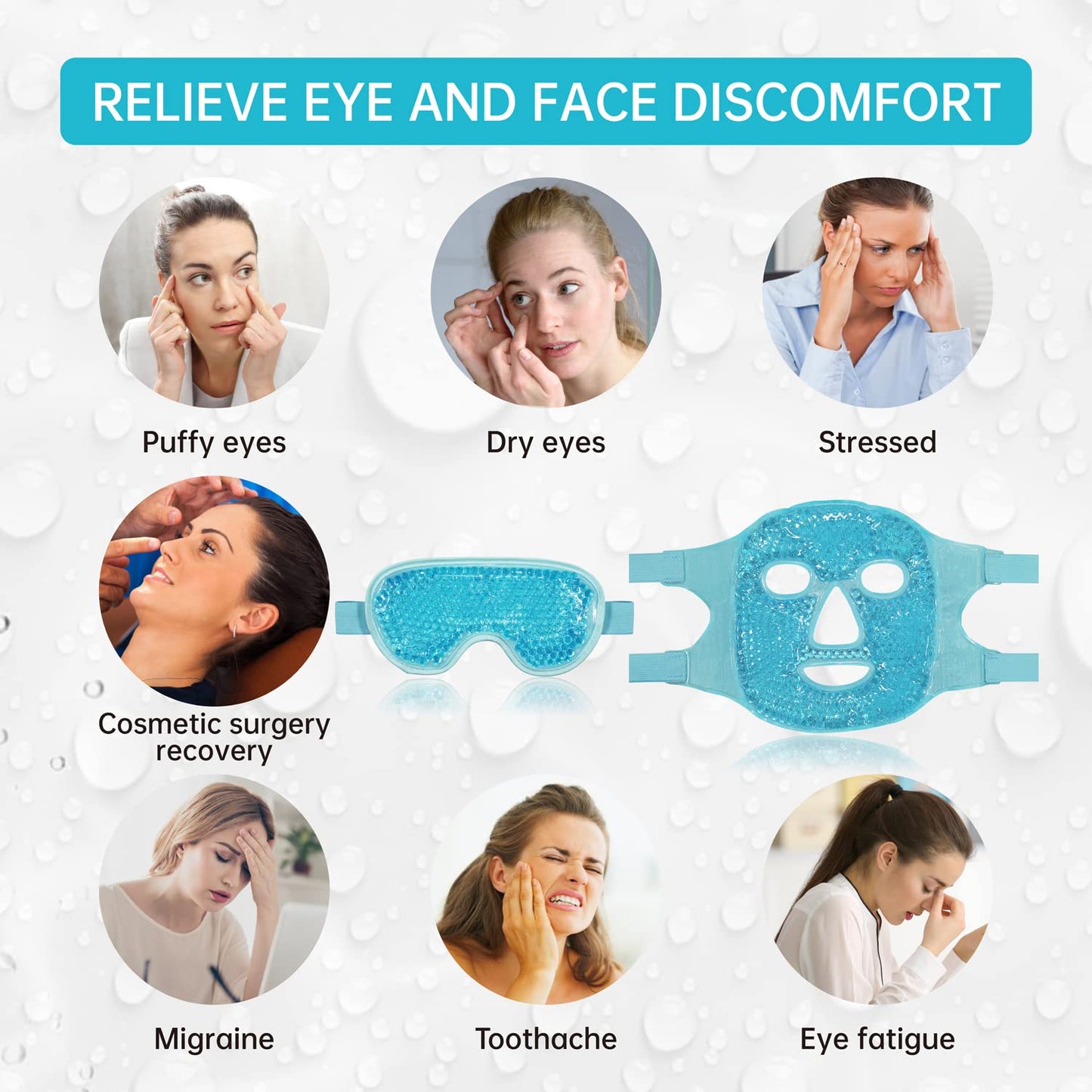 Cooling Ice Face Eye Mask for Reducing Puffiness, Bags Under Eyes,Sinus,Redness,Pain Relief,Dark Circles, Migraine,Hot/Cold Pack with Soft Plush Backing (Blue(1* Eye Mask+1*Face Mask))