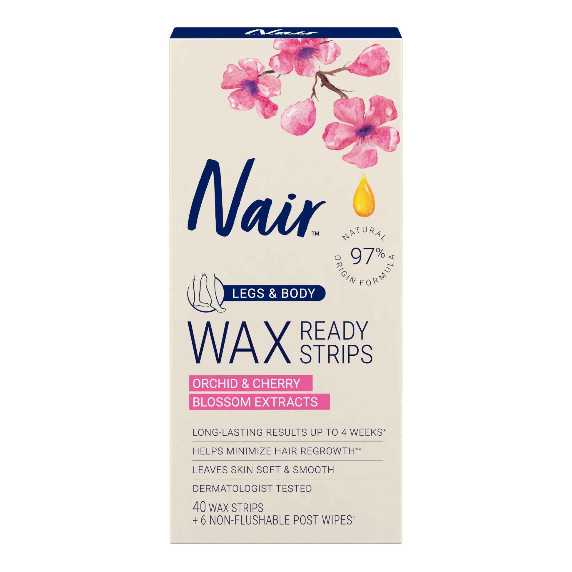 Nair Hair Remover Wax Ready Strips, Legs and Body Hair Removal Wax Strips, 40 Count, 3 Pack