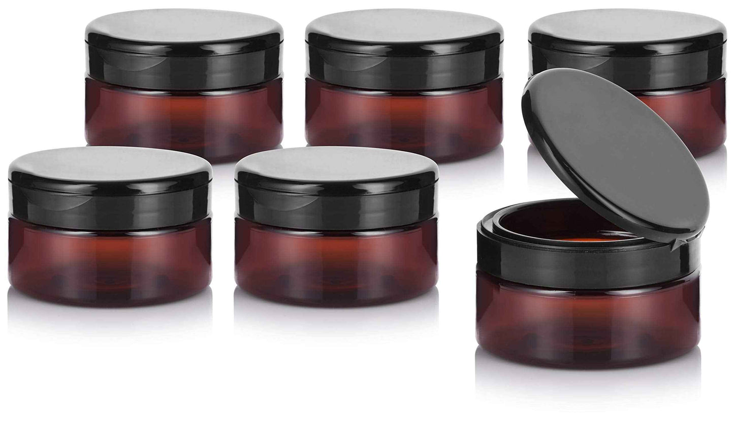 (6 Pack) 8 oz Amber Plastic Low Profile Jar with Wide Mouth Black Flip Top