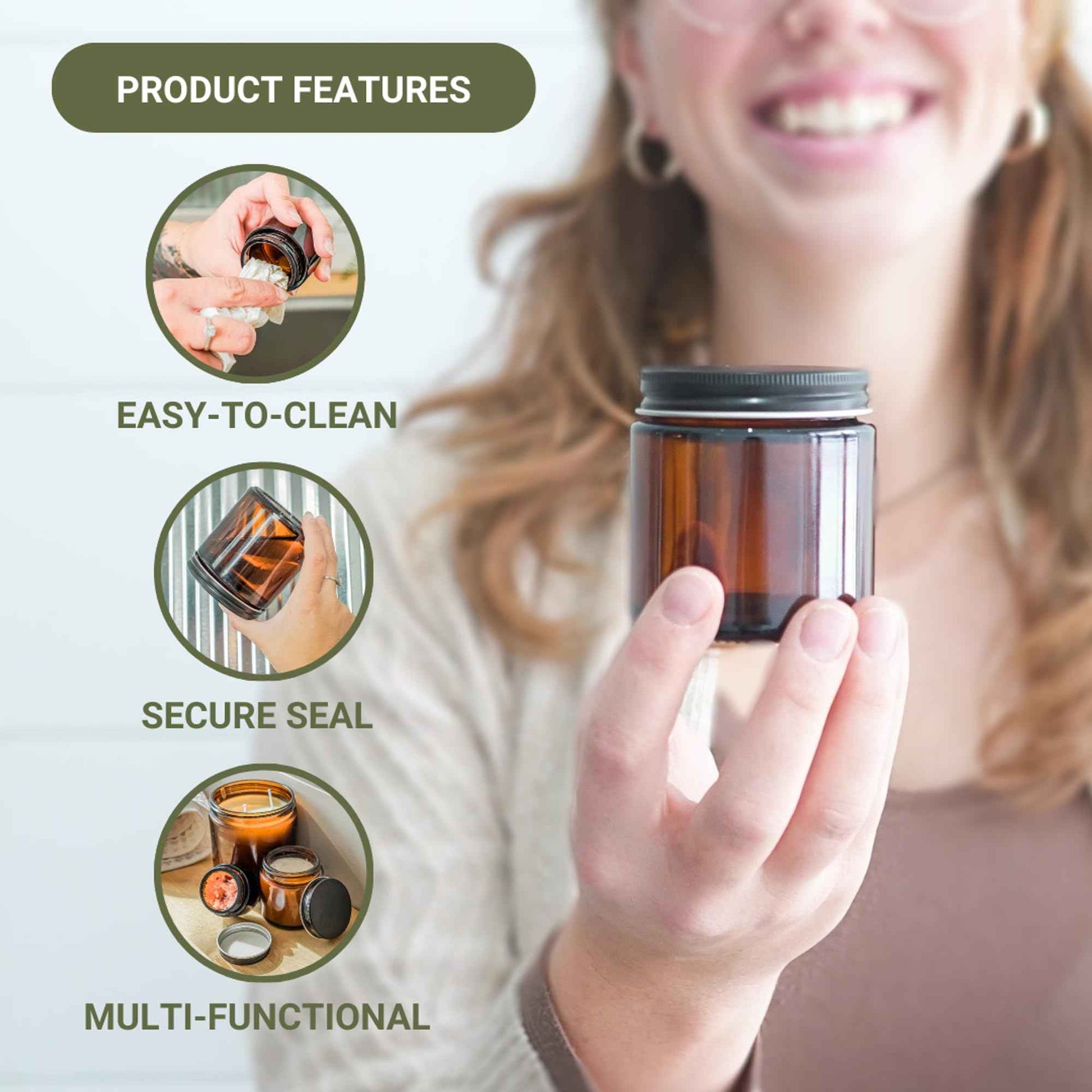 Nature Packaged Glass Amber 4oz Jar - 12 Packs, Empty Round Jars For Beauty Products, Lotion, and Powders - Black Lid - Small Candle Jars