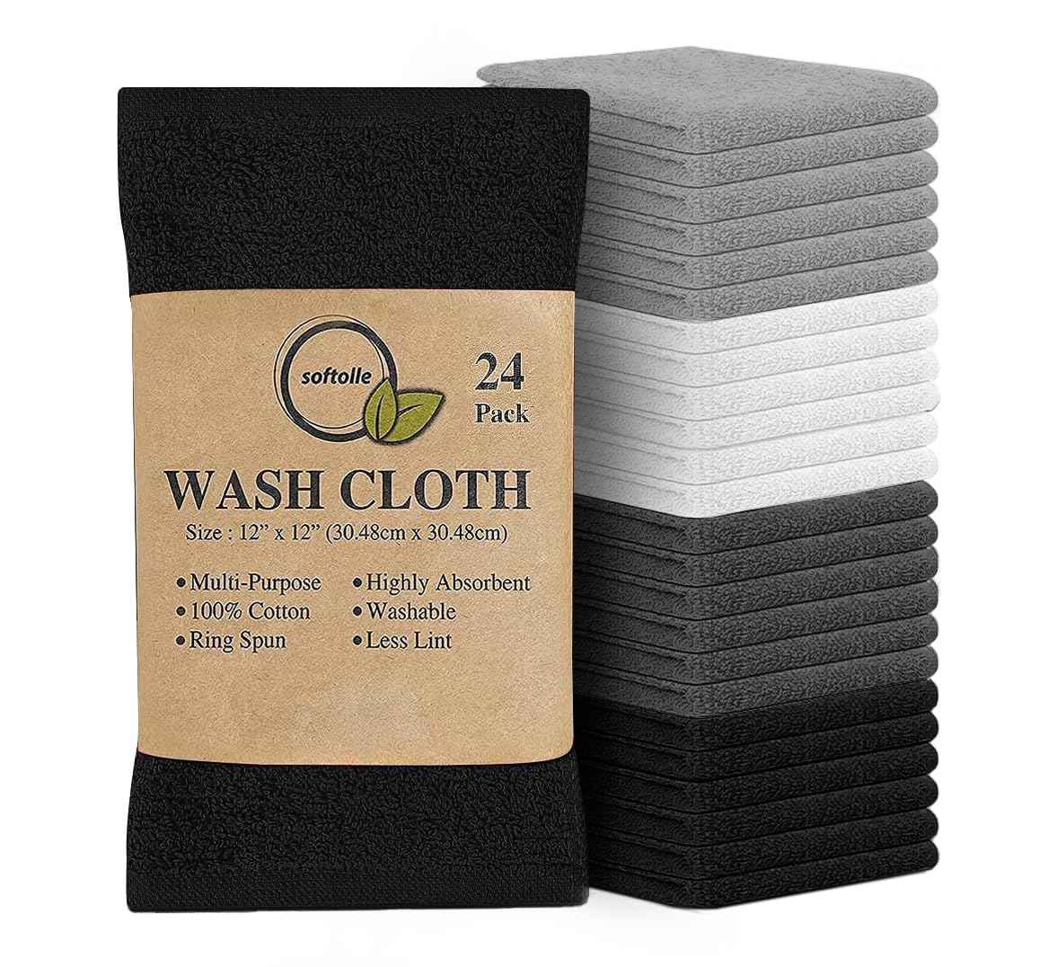 Softolle 100% Cotton Washcloths 24 Pack (12x12 Inches) Soft, Highly Absorbent Washcloth, Face Towels, Wash Cloths for Face, Ring Spun, Bulk Pack (White/L.Grey/D.Grey/Black)