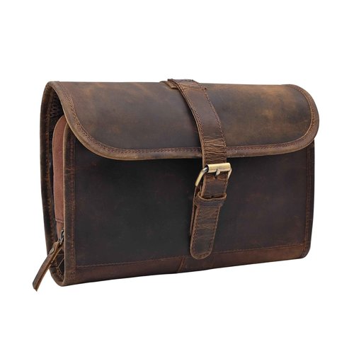 Autentico Leather Genuine Buffalo Leather Hanging Toiletry Bag with Waterproof Lining for Men & Women Handcrafted Vintage Distressed Brownn Leather Dopp Kit, Travelling Kit (Dark Brown)