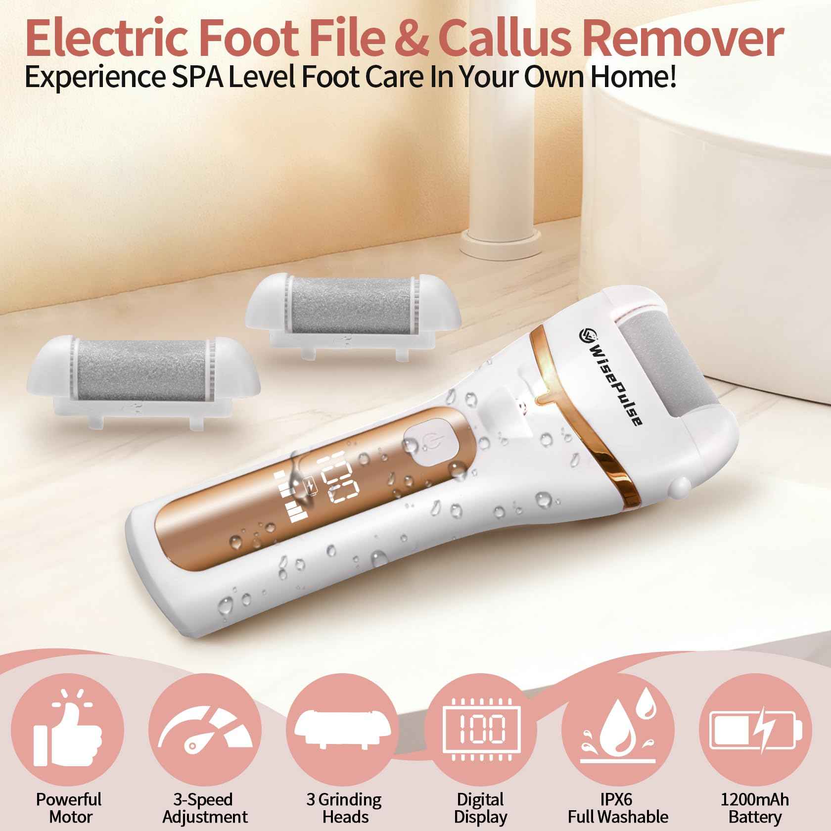 Electric Foot Callus Remover, Rechargeable Electric Callus Remover for Feet with 3 Speed, 9 in 1 Pedicure Kit with Nano-Glass, Waterproof Professional Foot File for Dead, Hard, Cracked Skin(Yellow)