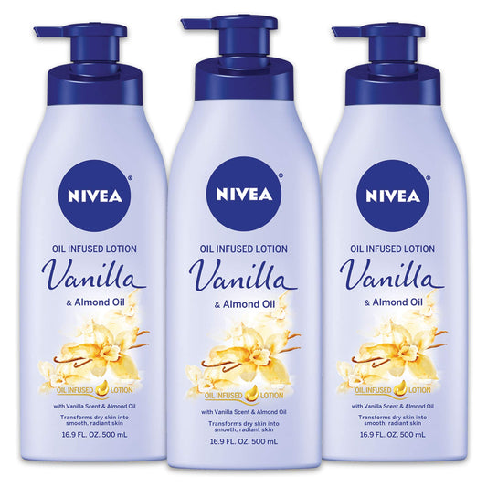 NIVEA Oil Infused Vanilla and Almond Oil Body Lotion, Non-Greasy Vanilla Scented Lotion Moisturizes for 24+ Hours, 16.9 Fl Oz Pump Bottle