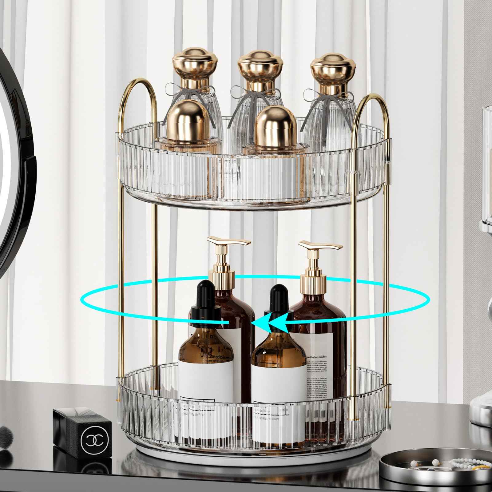 360° Rotating Makeup Organizer for Vanity - 2 Tier Perfume Organizer with Large Capacity - Skincare Organizer for Bathroom Counter - Space-Saving Cosmetic Storage for Dresser Countertop (Clear)