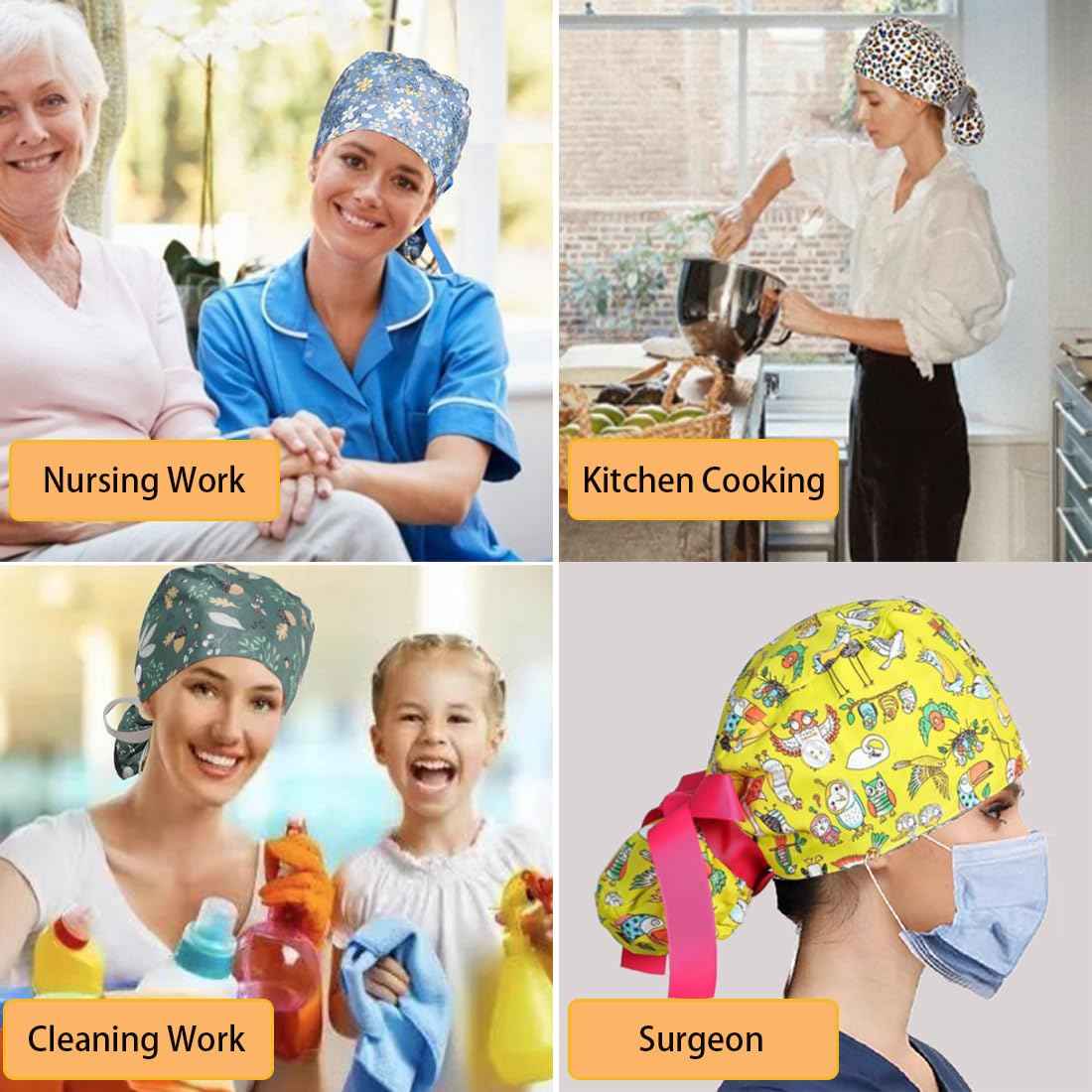 8Pcs Satin Lined Scrub Caps Women, Surgical Caps for Women, Adjustable Scrub Hats Womens Ponytail with Button and Sweatband, Nurse Cap for Unisex, Working Cap, Elastic Ponytail Pouch Tie Back