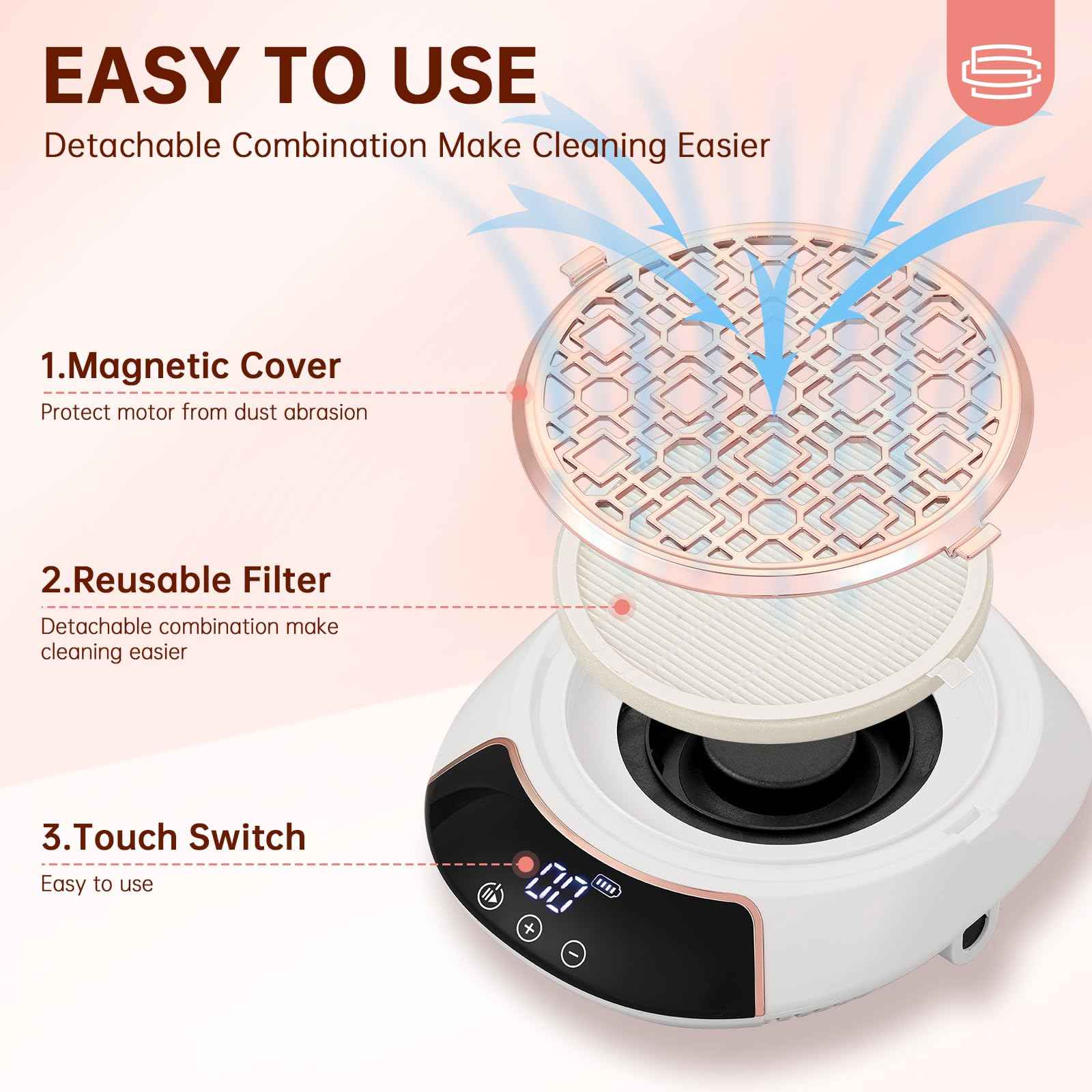 CHRISTINE SHELLY 3500RPM Cordless Nail Dust Collector,Portable Dust Collector Nail Tech with LED Display,Rechargeable Dust Suction Machine with Reusable Fillter for Acrylic Gel Polish,Salon & Home