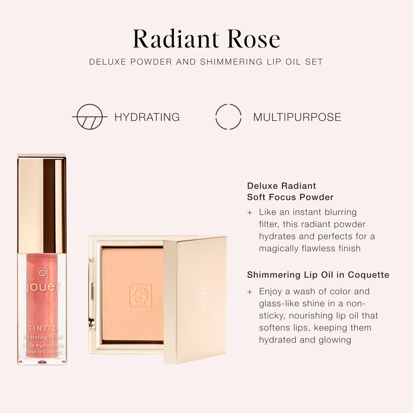 Jouer Radiant Rose Face + Lip Set, Translucent Setting Powder & Shimmer Lip Oil - Blurring Powder - Hydrating Lip Oil - Set Face Makeup