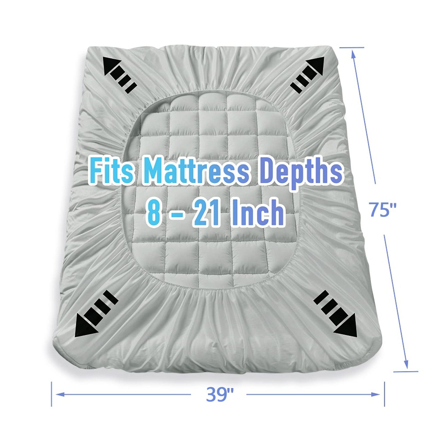 MATBEBY Bedding Quilted Fitted Twin Mattress Pad Cooling Breathable Fluffy Soft Mattress Pad Stretches up to 21 Inch Deep, Twin Size, Light Grey, Mattress Topper Mattress Protector