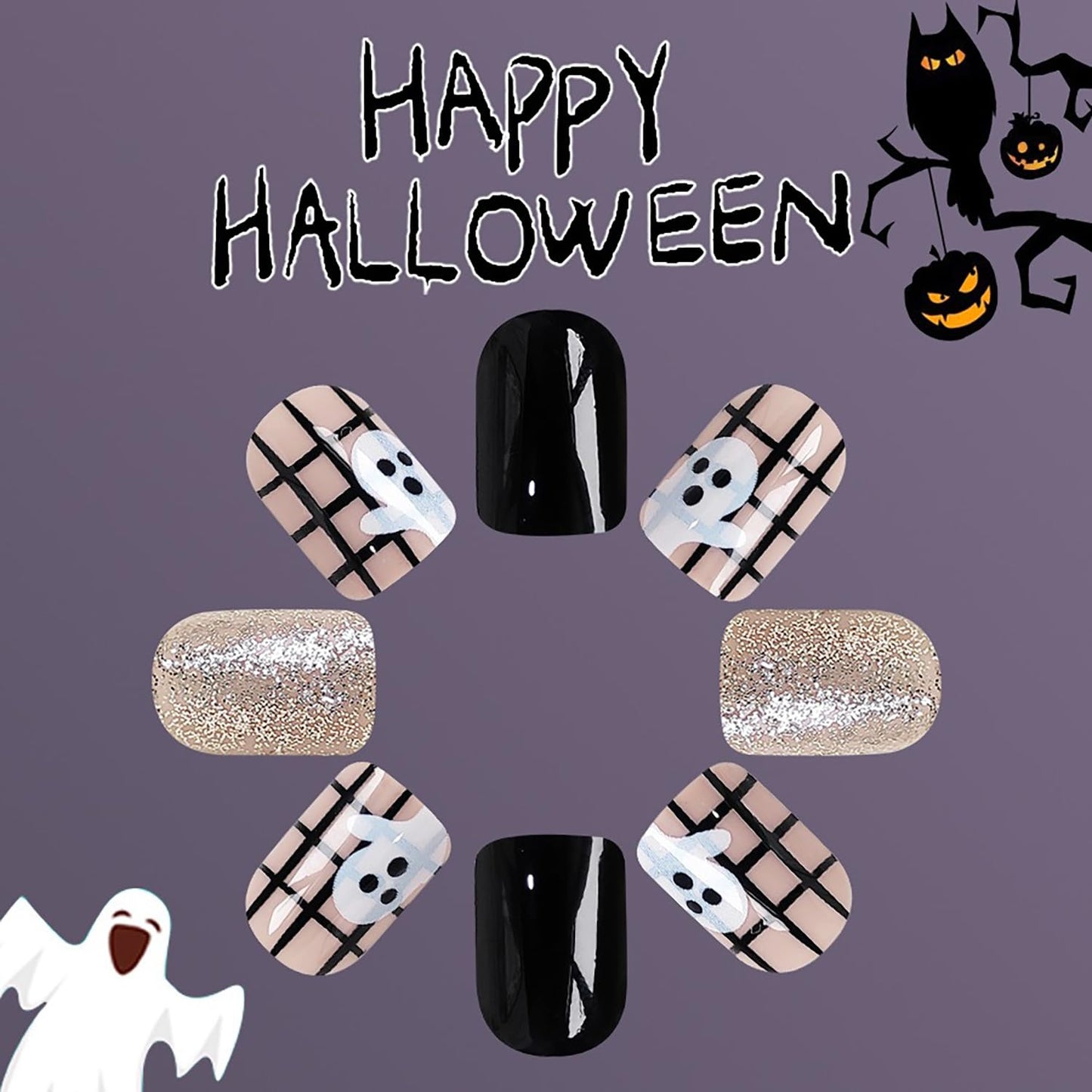 Halloween Fake Nails Short Square Shaped Press on Nails Black Glitter Glossy False Nails Little Ghost Designs Halloween Nails Full Cover Artificial Nails Glue on Nails for Women Girls 24Pcs