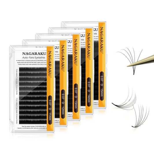 NAGARAKU Easy Fan Eyelash Extensions Volume Lashes 5 Trays in 1 Pack 0.07 D curl 11/12/13/14/15mm Rapid Blooming Russian Mega Volume Soft Cluster For Beginners