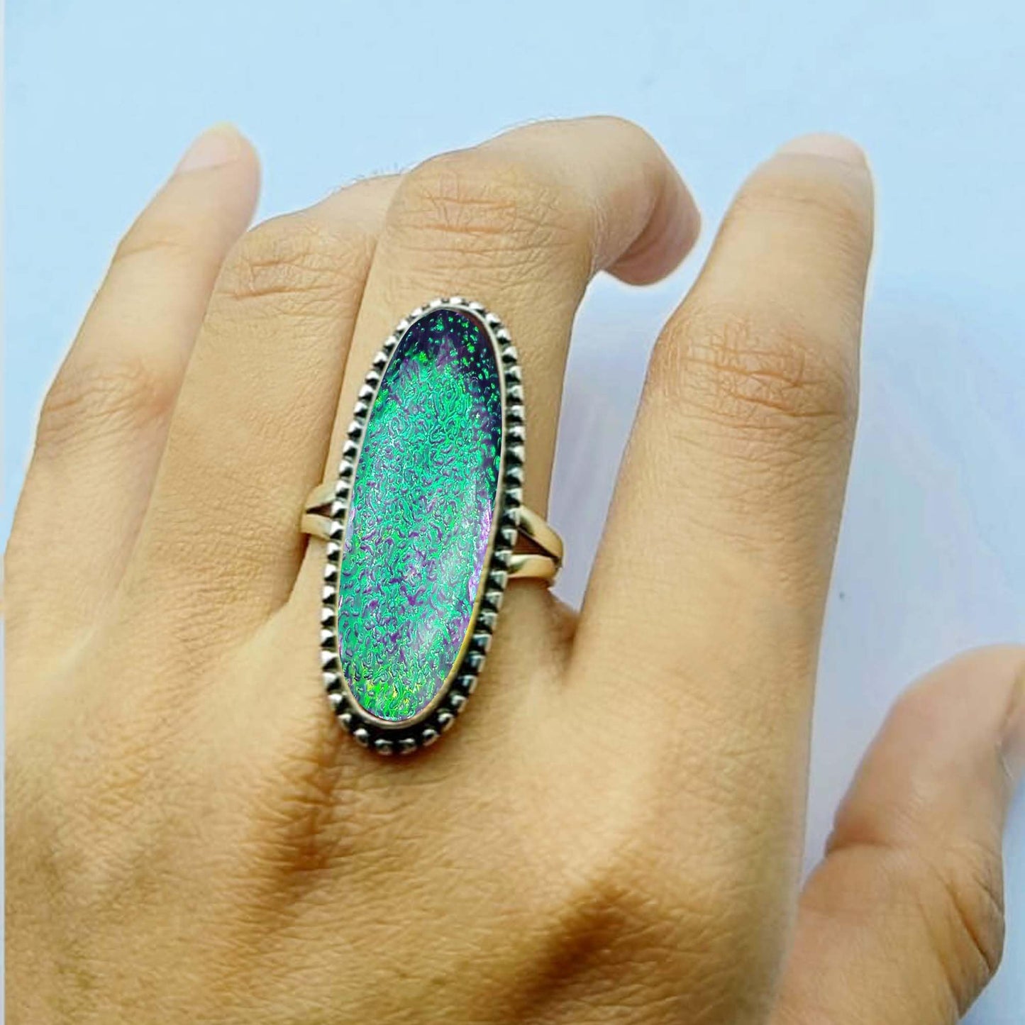 Boho Doublet Opal Ring Unique Purple Green Multi Fire Gemstone Lab-Created Opal Jewelry Large Oval Shape 925 Sterling Silver Handmade Statement Ring For Women Anniversary, Wedding Gift For Her By NKG