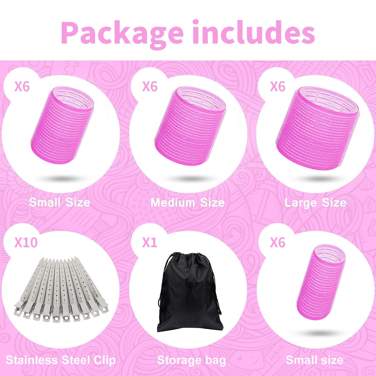 34Pcs Hair Roller Set with Clips, Self-Grip Hair Rollers for Volume, Salon Hairdressing Curlers and DIY Hairstyles, 4 Sizes Rollers Hair Curlers in a Storage Bag